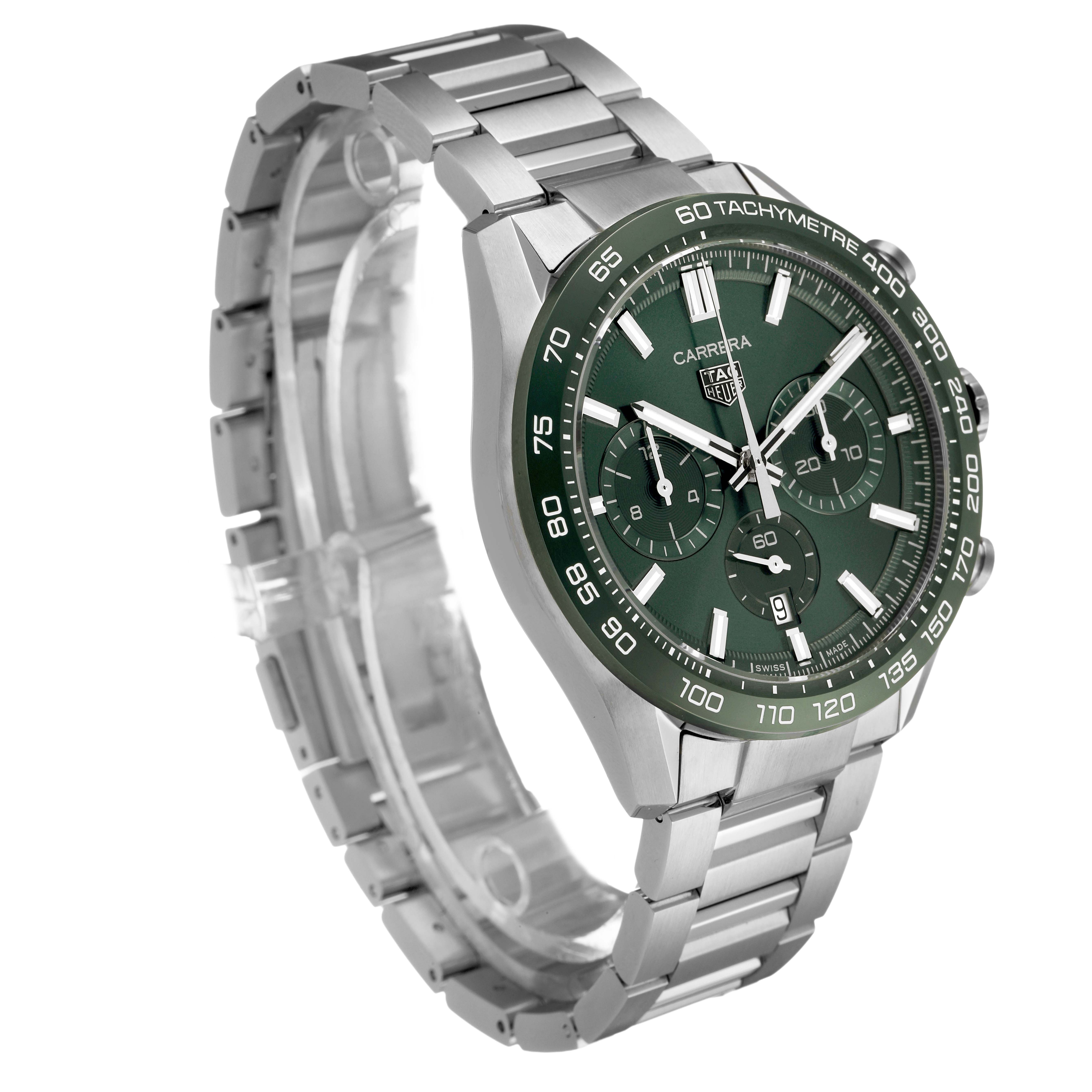 The Tag Heuer Carrera CBN2A1N.BA0643 Men's Stainless Steel Green Dial is shown at a three-quarter angle, displaying its green dial, tachymeter bezel, and stainless steel bracelet.