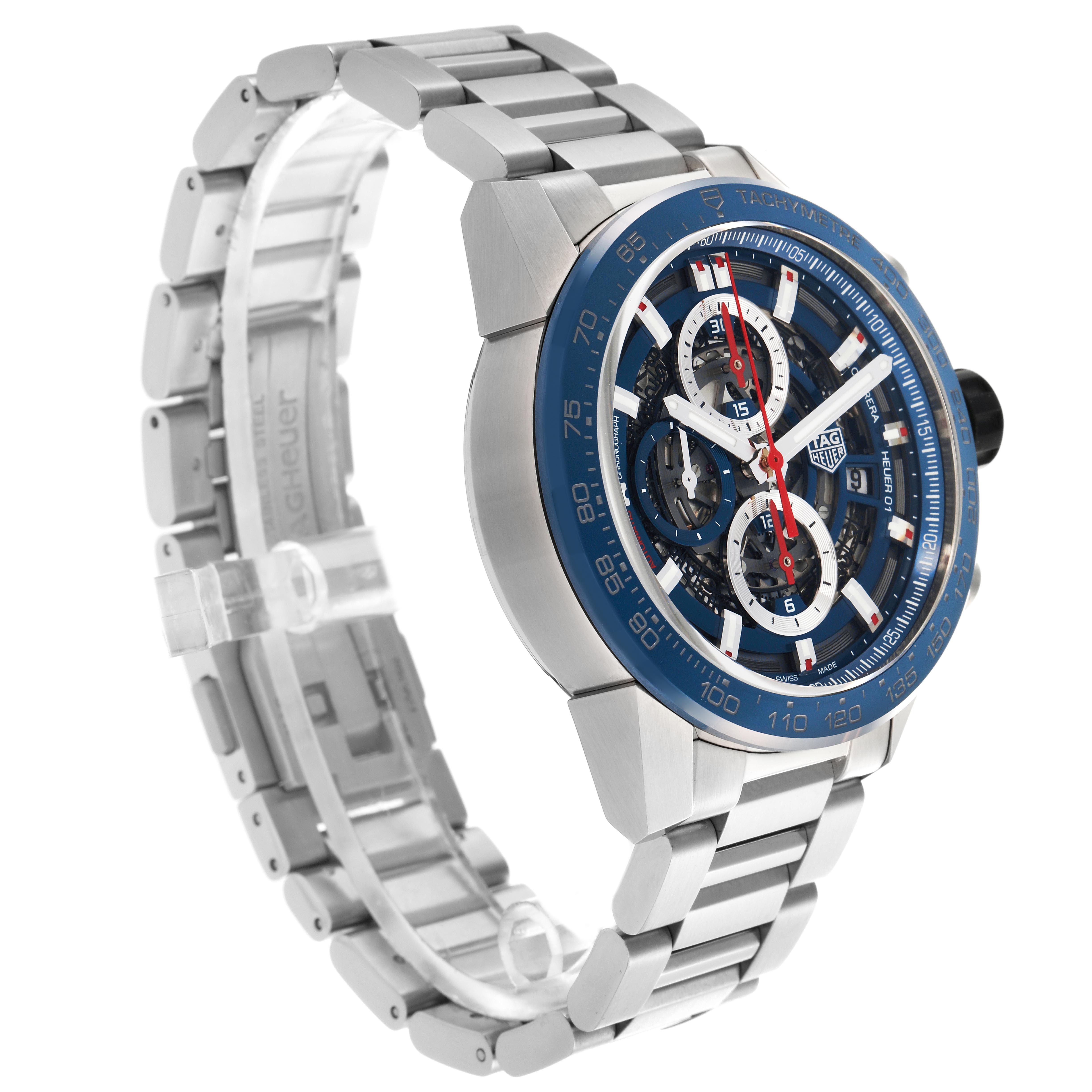 The Tag Heuer Carrera CAR201T.BA0766 Men's Stainless Steel Blue Dial CAR201T.BA0766 Men's Stainless Steel Blue Dial watch is shown at an angled side view, highlighting the face, bezel, and bracelet.