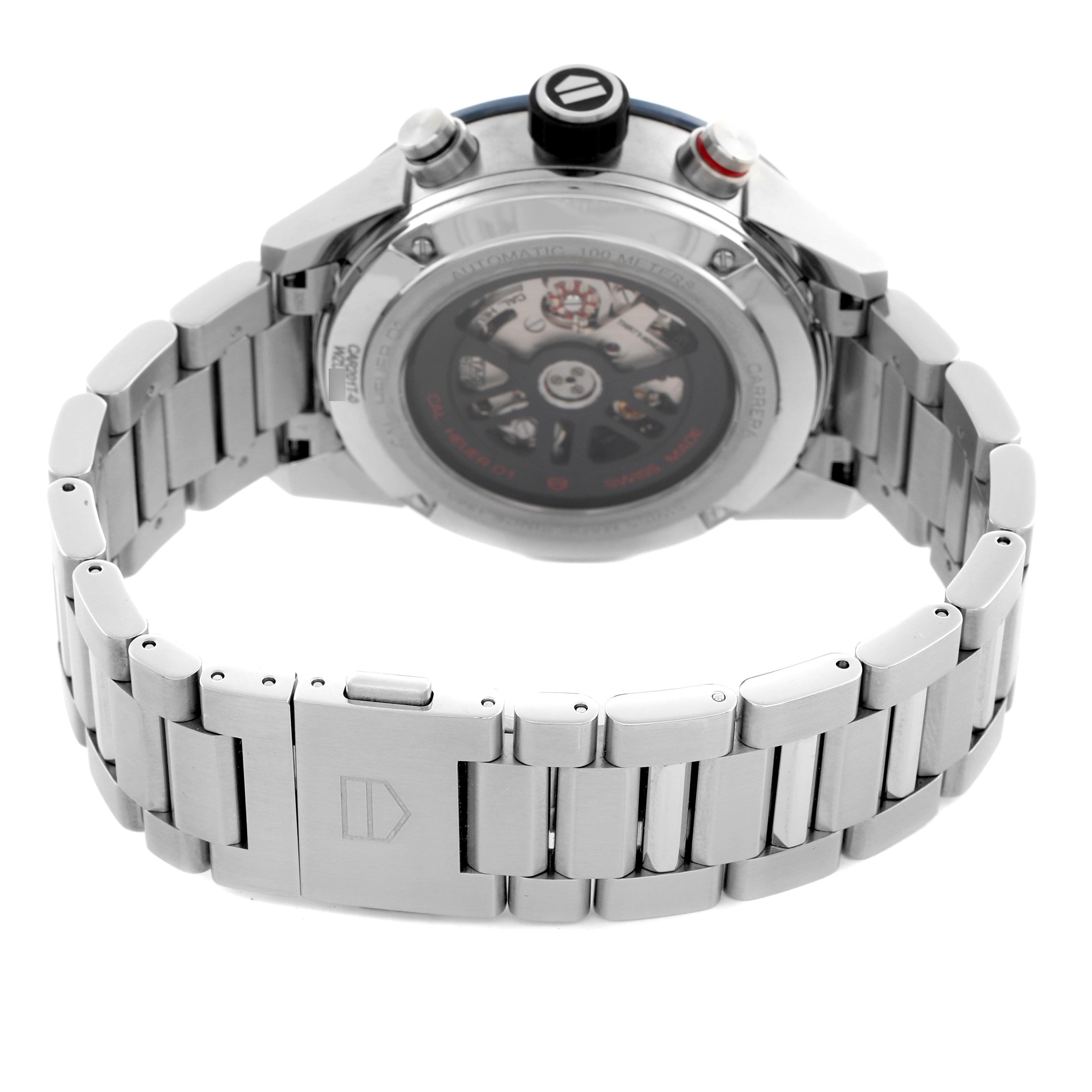 The image shows the back and bracelet of the Tag Heuer Carrera CAR201T.BA0766 Men's Stainless Steel Blue Dial CAR201T.BA0766 Men's Stainless Steel Blue Dial watch, highlighting the clasp and case back details.