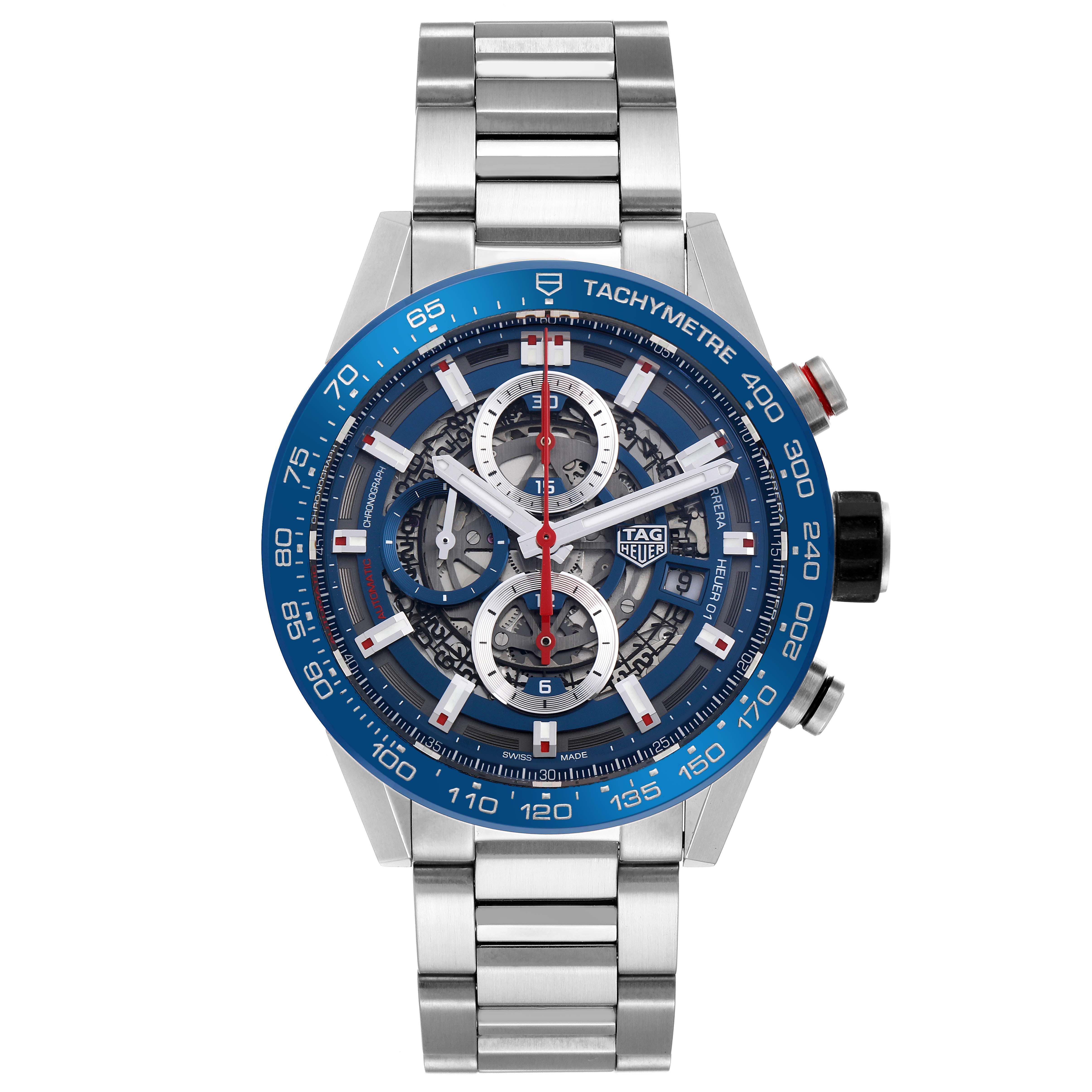 The Tag Heuer Carrera CAR201T.BA0766 Men's Stainless Steel Blue Dial CAR201T.BA0766 Men's Stainless Steel Blue Dial watch is shown from a front angle, highlighting its blue tachymeter bezel and skeleton dial.