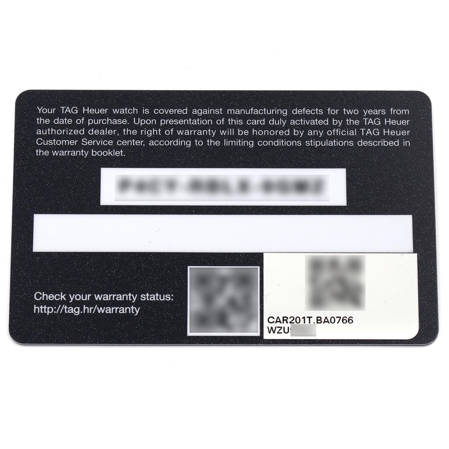 This image shows a warranty card for a Tag Heuer Carrera CAR201T.BA0766 Men's Stainless Steel Blue Dial CAR201T.BA0766 Men's Stainless Steel Blue Dial watch, displaying model details and warranty information.