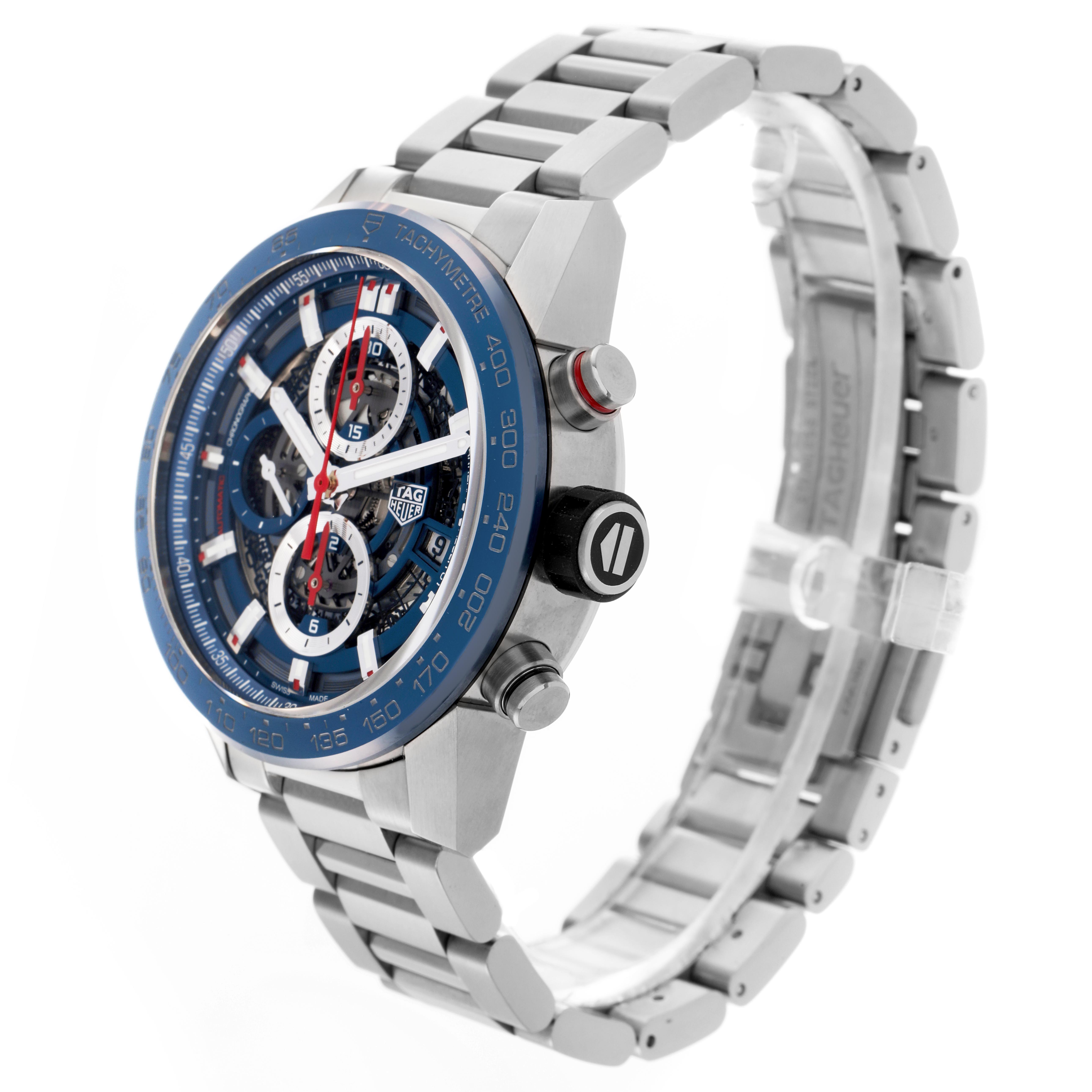 The Tag Heuer Carrera CAR201T.BA0766 Men's Stainless Steel Blue Dial CAR201T.BA0766 Men's Stainless Steel Blue Dial watch is shown from a three-quarter angle, highlighting the dial, bezel, crown, and metal bracelet.