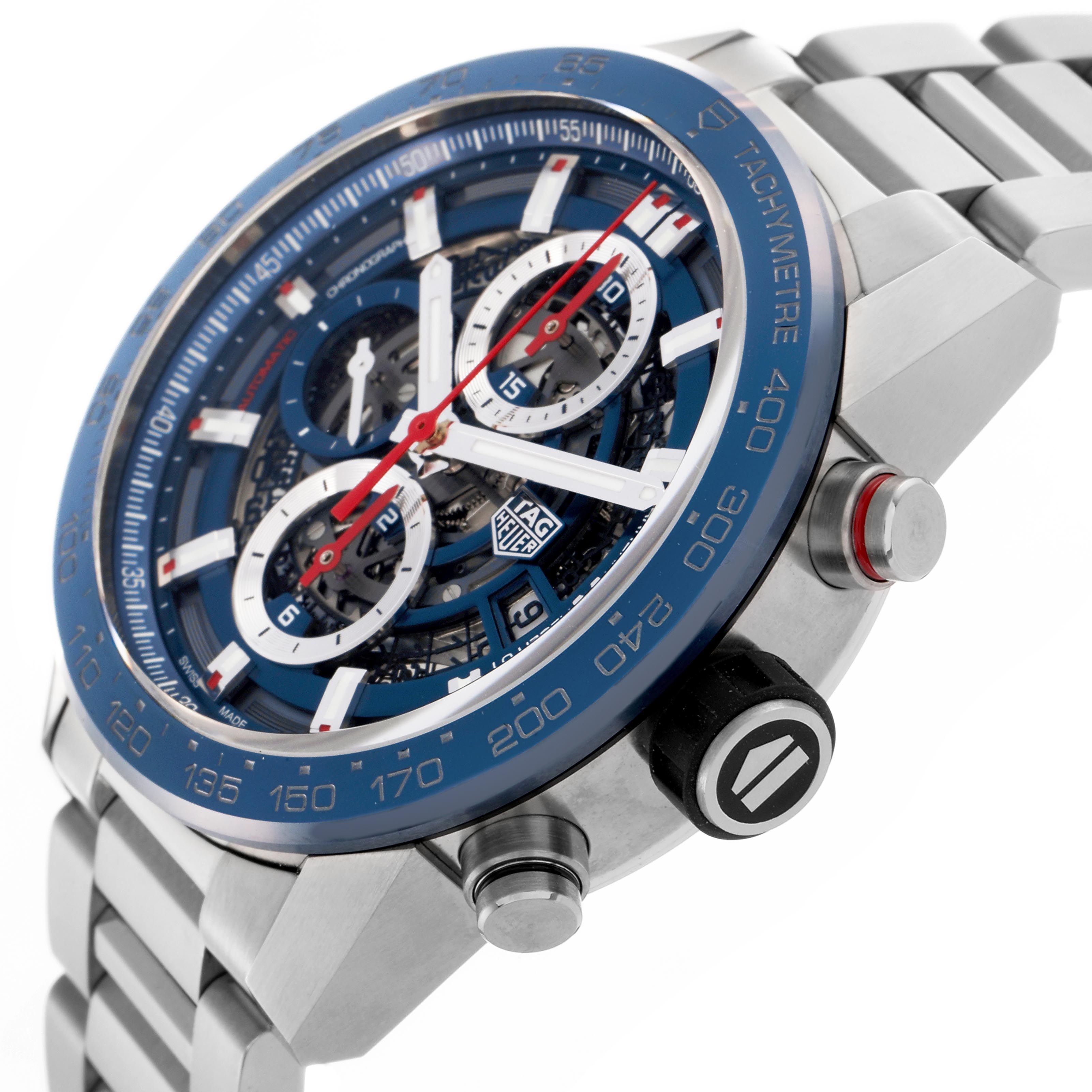 The Tag Heuer Carrera CAR201T.BA0766 Men's Stainless Steel Blue Dial CAR201T.BA0766 Men's Stainless Steel Blue Dial watch is shown at an oblique angle, highlighting the dial, crown, pushers, and bracelet.