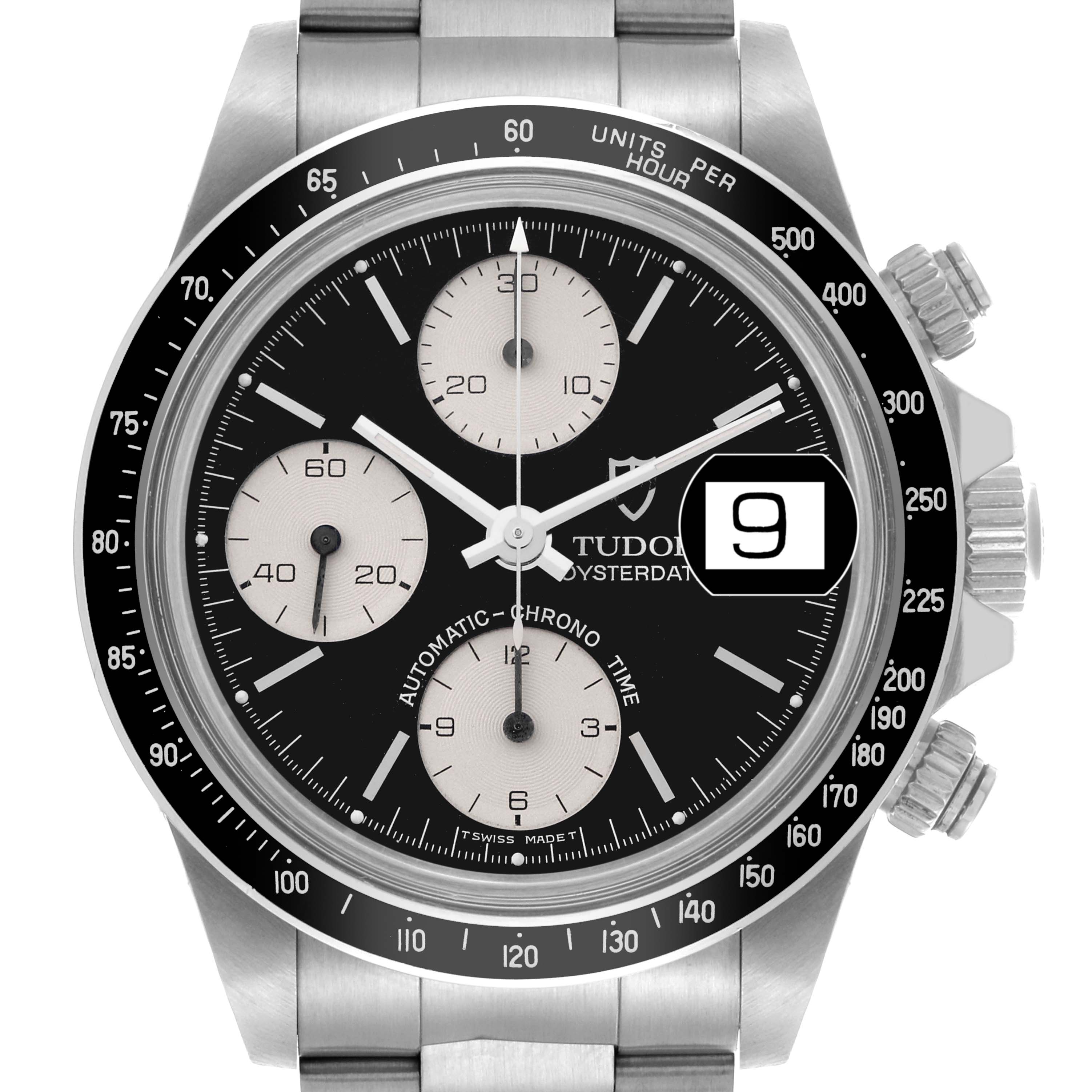 The Tudor Big Block 79160 Men's Stainless Steel Black Dial 79160 Men's Stainless Steel Black Dial watch is shown from the front, highlighting the bezel, face, sub-dials, and crown.