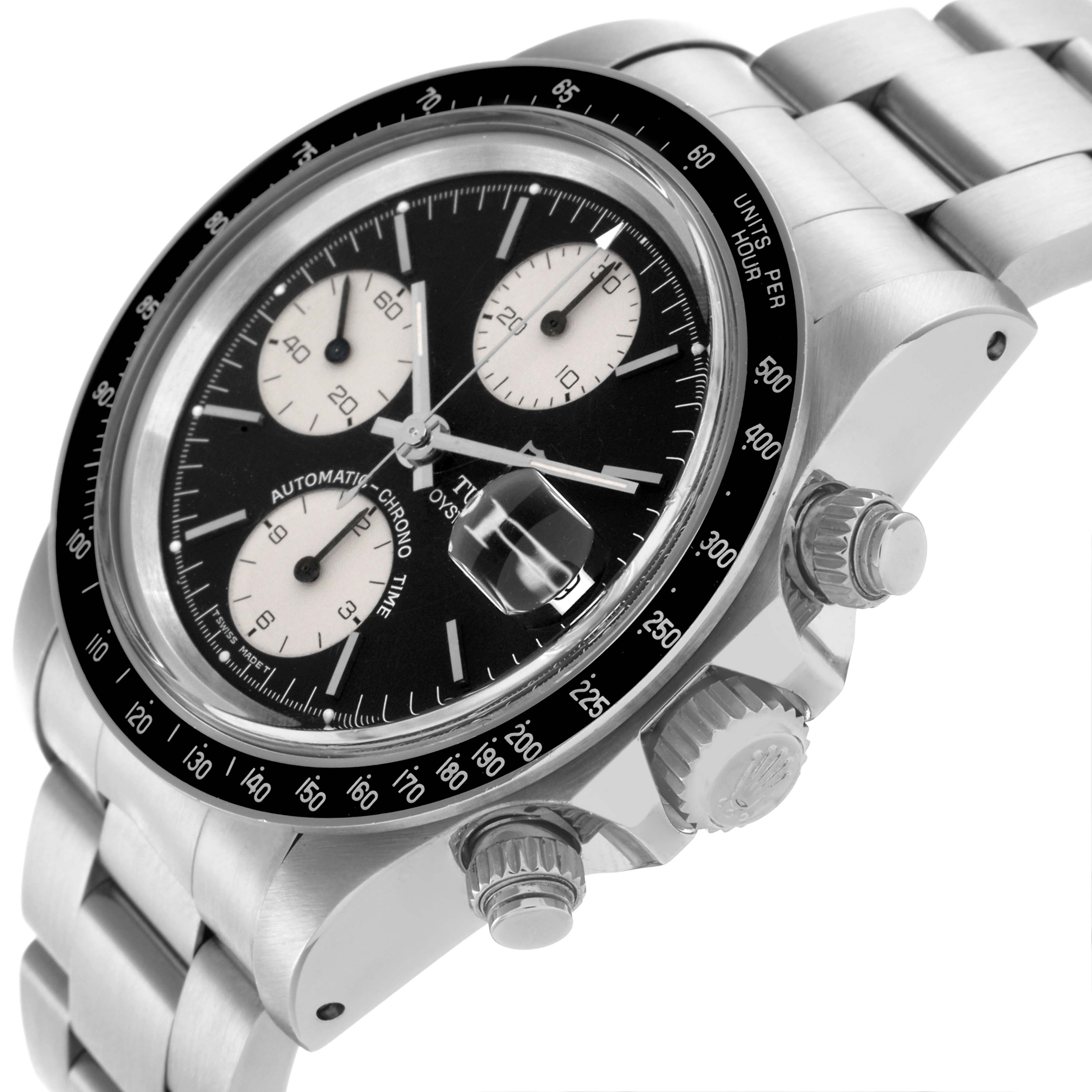 The Tudor Big Block 79160 Men's Stainless Steel Black Dial 79160 Men's Stainless Steel Black Dial watch is shown at an angle highlighting the face, bezel, side pushers, crown, and bracelet.