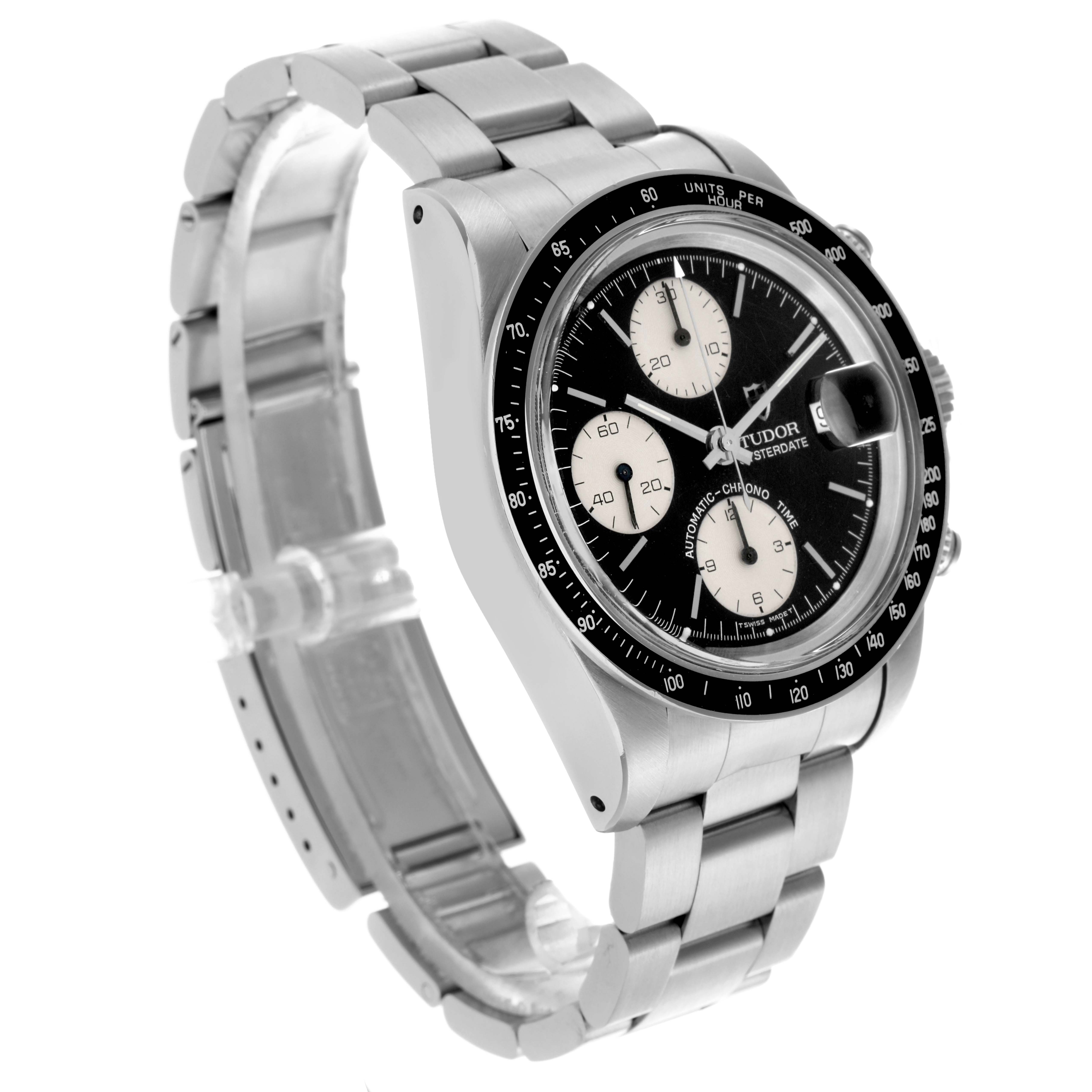 The Tudor Big Block 79160 Men's Stainless Steel Black Dial 79160 Men's Stainless Steel Black Dial watch is shown at a three-quarter angle, displaying the face, bezel, crown, and part of the bracelet.