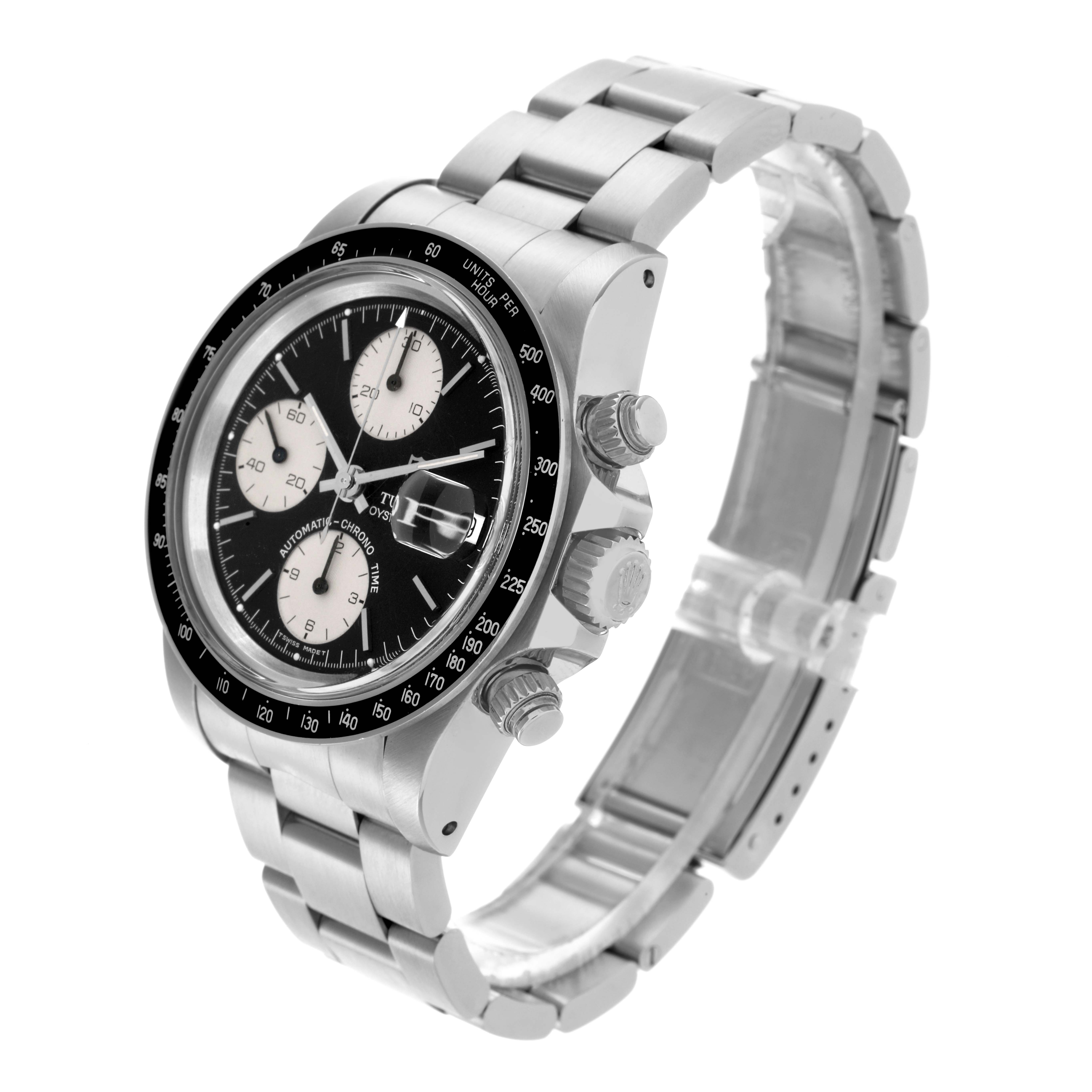 The Tudor Big Block 79160 Men's Stainless Steel Black Dial 79160 Men's Stainless Steel Black Dial watch is shown at an angle highlighting the dial, bezel, bracelet, crown, and pushers.