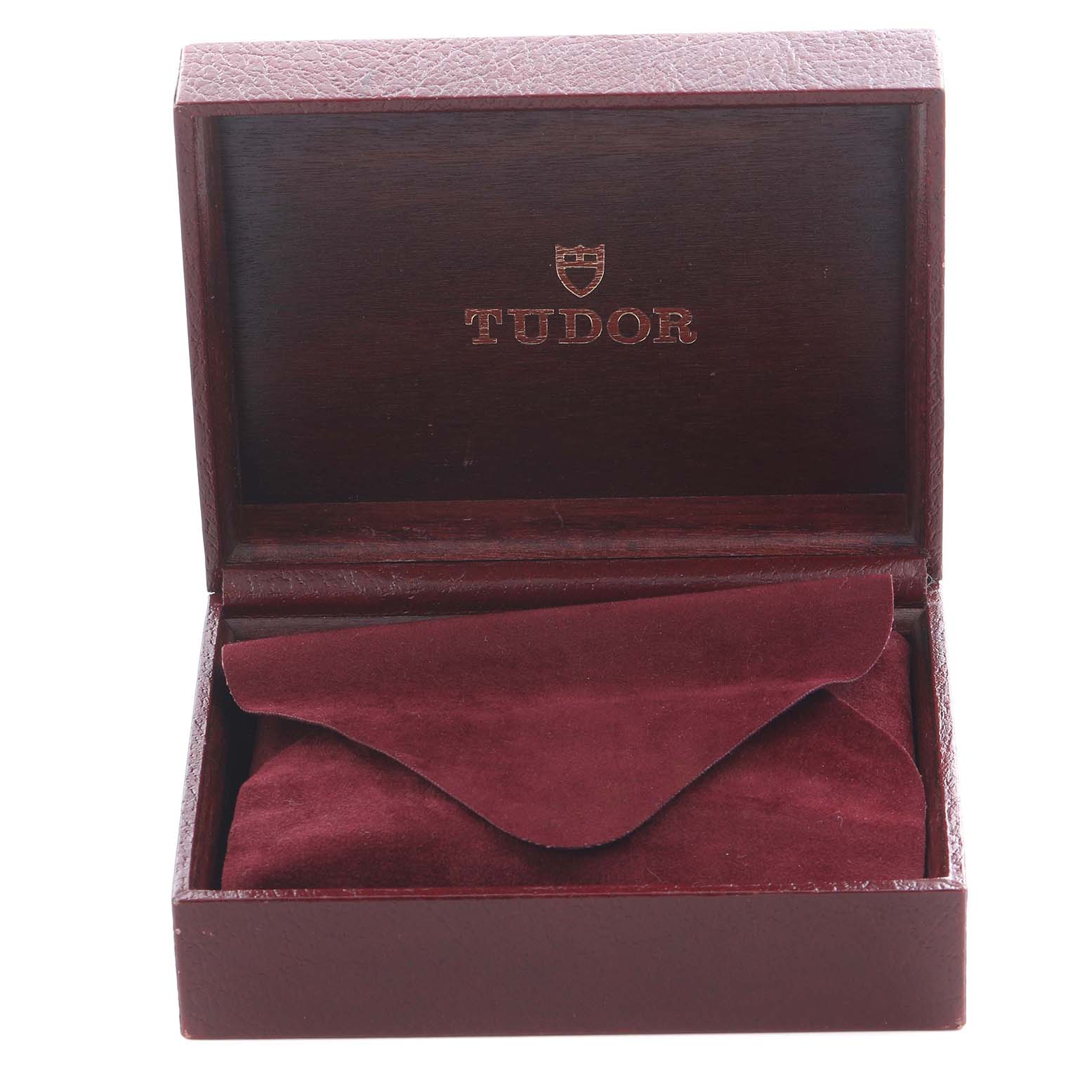 The image shows an open Tudor watch case for the Big Block model, with a velvet pouch inside.