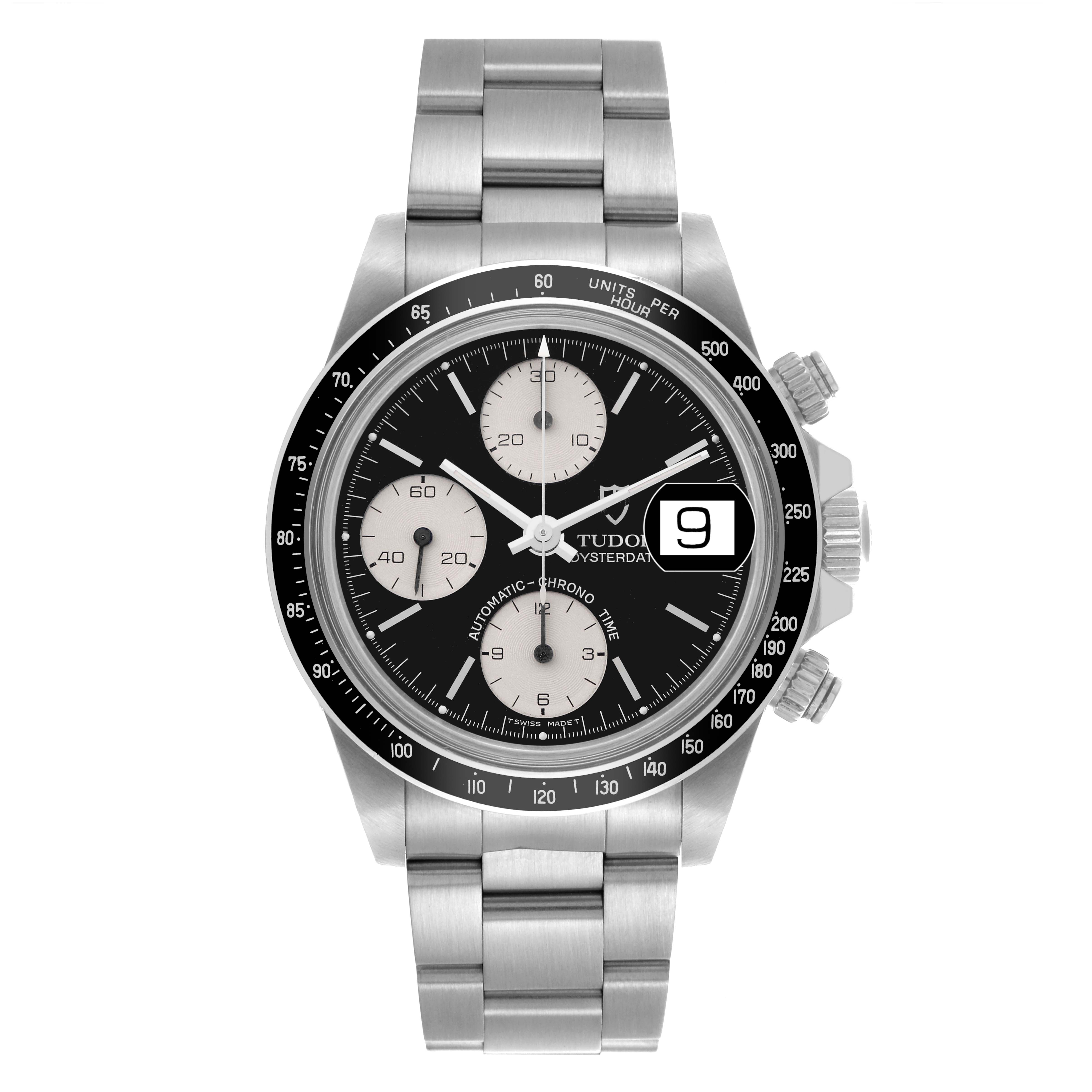 The Tudor Big Block 79160 Men's Stainless Steel Black Dial 79160 Men's Stainless Steel Black Dial watch is shown from the front, highlighting the face, bracelet, chronograph dials, and crown.