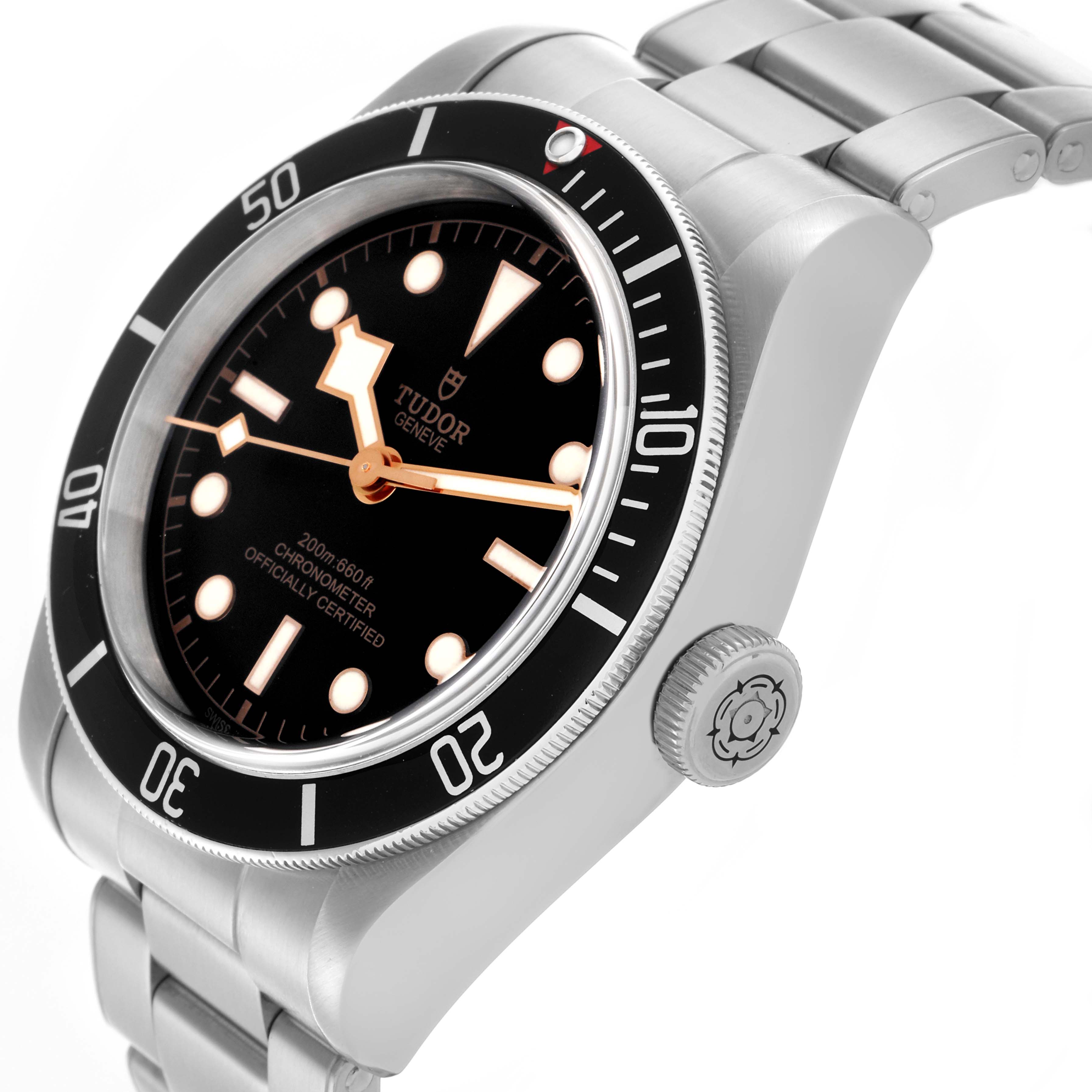 The Tudor Heritage Black Bay 79230N Men's Stainless Steel Black Dial 79230N Men's Stainless Steel Black Dial watch is shown at a slight angle, highlighting the dial, bezel, crown, and stainless steel bracelet.