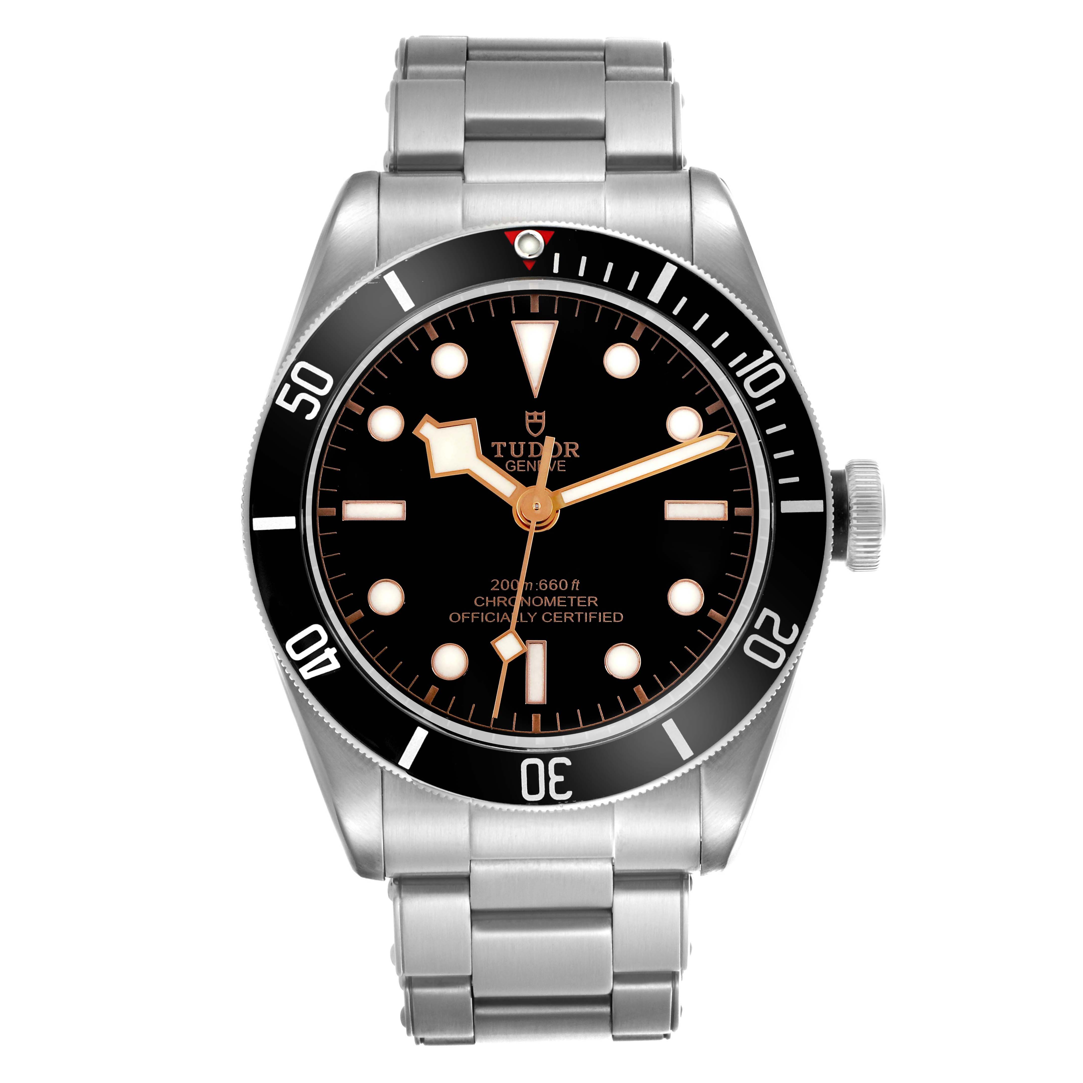 The image shows a front view of the Tudor Heritage Black Bay 79230N Men's Stainless Steel Black Dial 79230N Men's Stainless Steel Black Dial watch, displaying its face, bezel, bracelet, and crown.