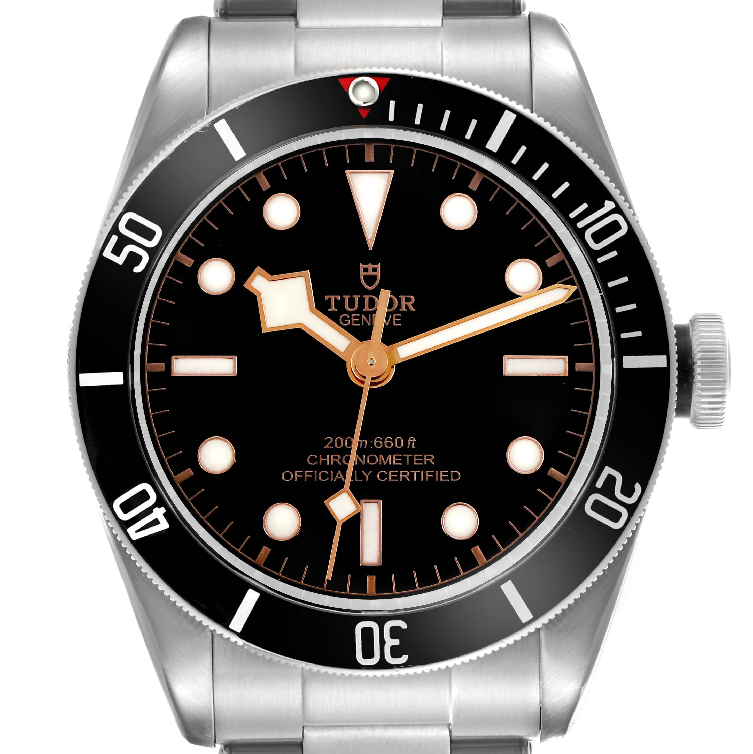 The image shows a Tudor Heritage Black Bay 79230N Men's Stainless Steel Black Dial 79230N Men's Stainless Steel Black Dial watch from a front angle, highlighting the dial, bezel, crown, and bracelet.