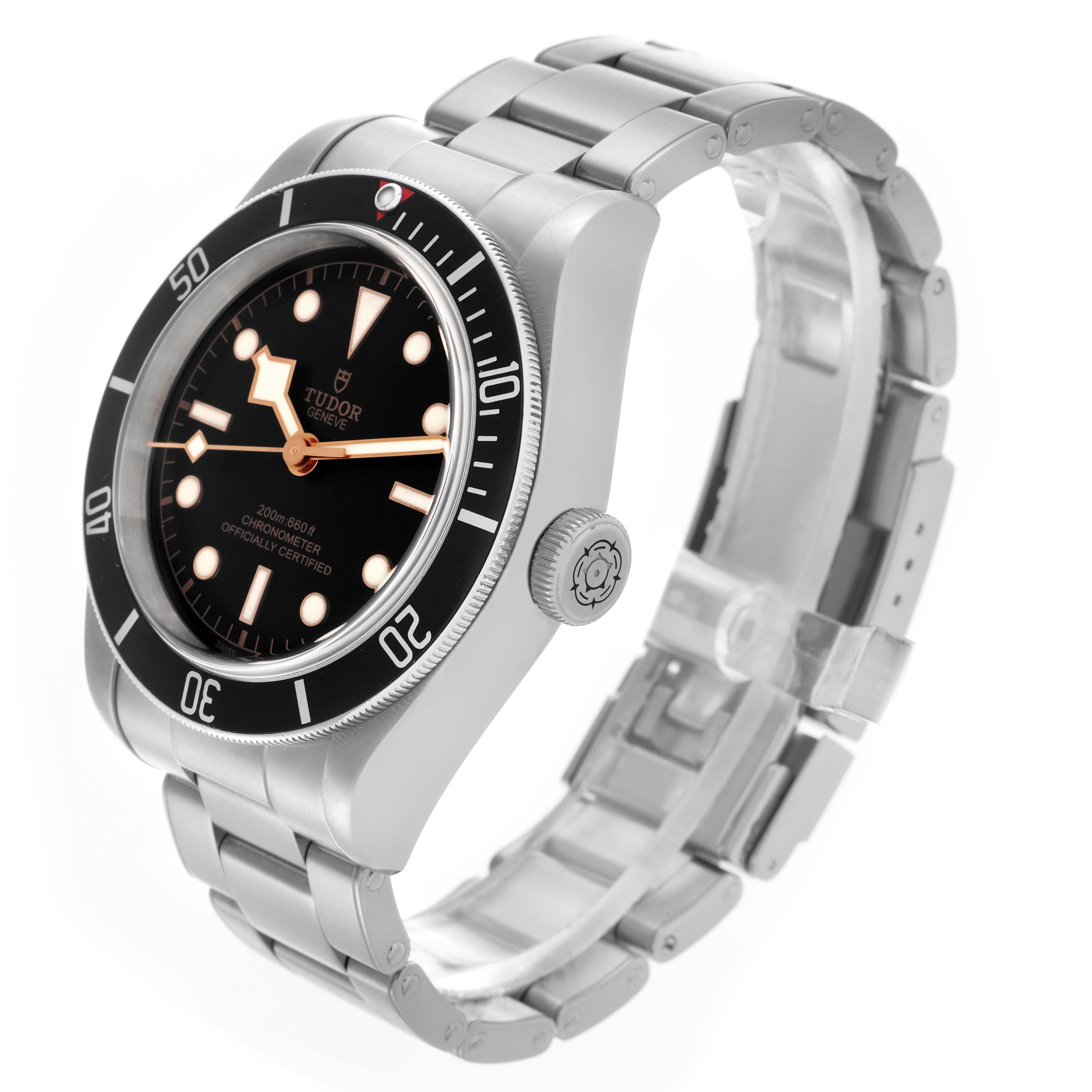 The Tudor Heritage Black Bay 79230N Men's Stainless Steel Black Dial 79230N Men's Stainless Steel Black Dial watch is shown at a three-quarter angle, displaying the face, bezel, crown, and bracelet.
