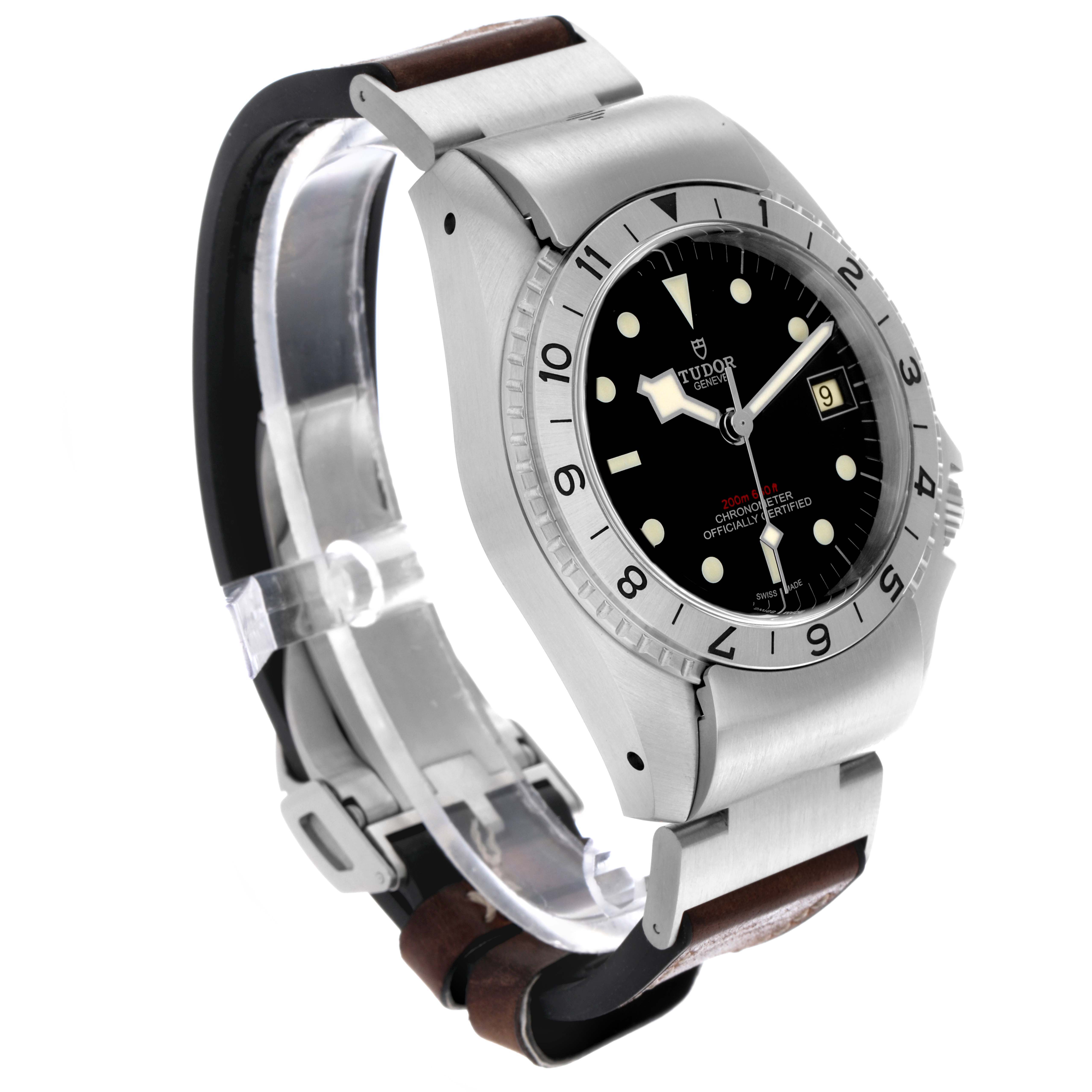 The Tudor Heritage Black Bay 70150 Men's Stainless Steel Black Dial 70150 Men's Stainless Steel Black Dial watch is shown at a three-quarter angle, highlighting the face, bezel, crown, and part of the strap.