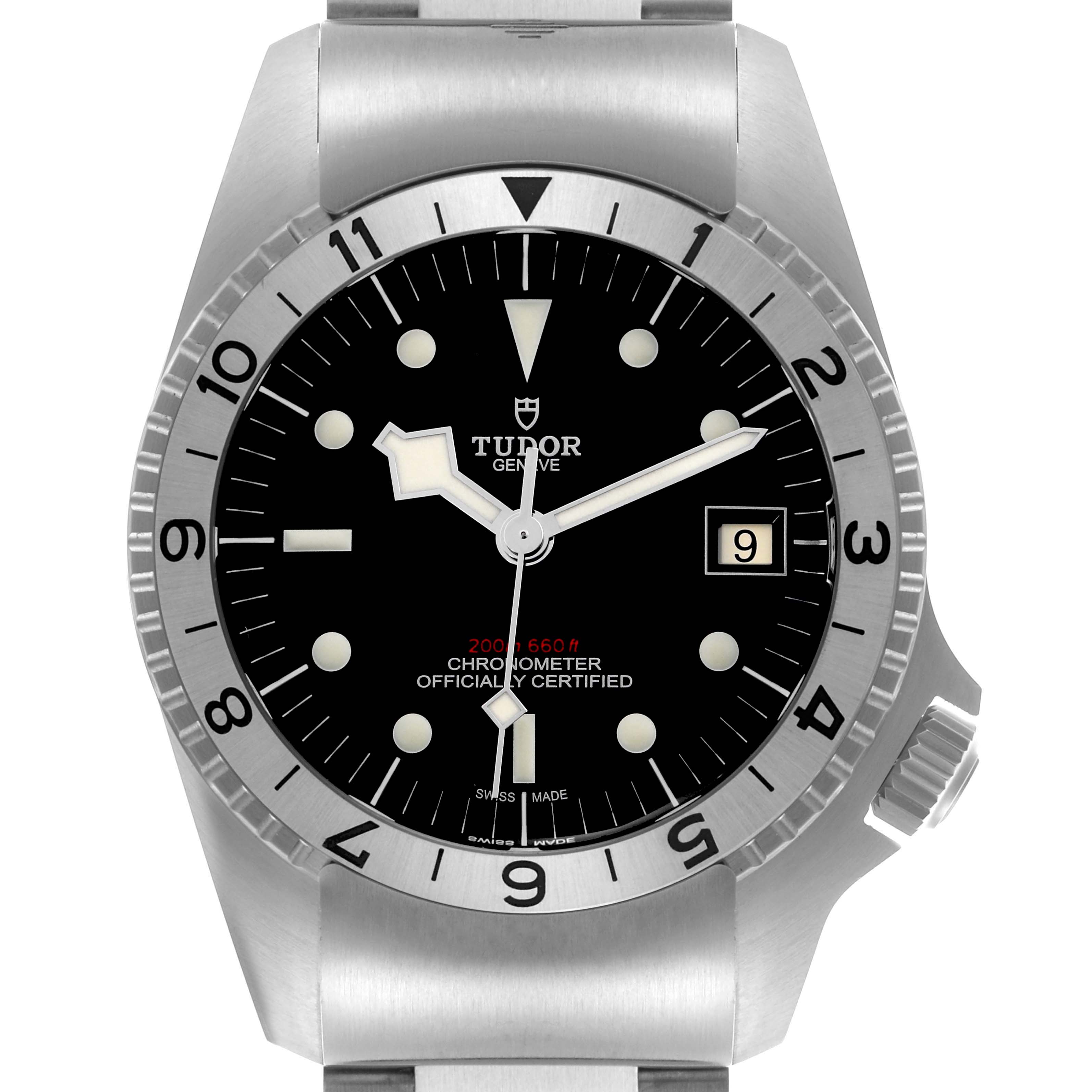 The image shows a front view of the Tudor Heritage Black Bay 70150 Men's Stainless Steel Black Dial 70150 Men's Stainless Steel Black Dial watch, highlighting the dial, bezel, and part of the bracelet.