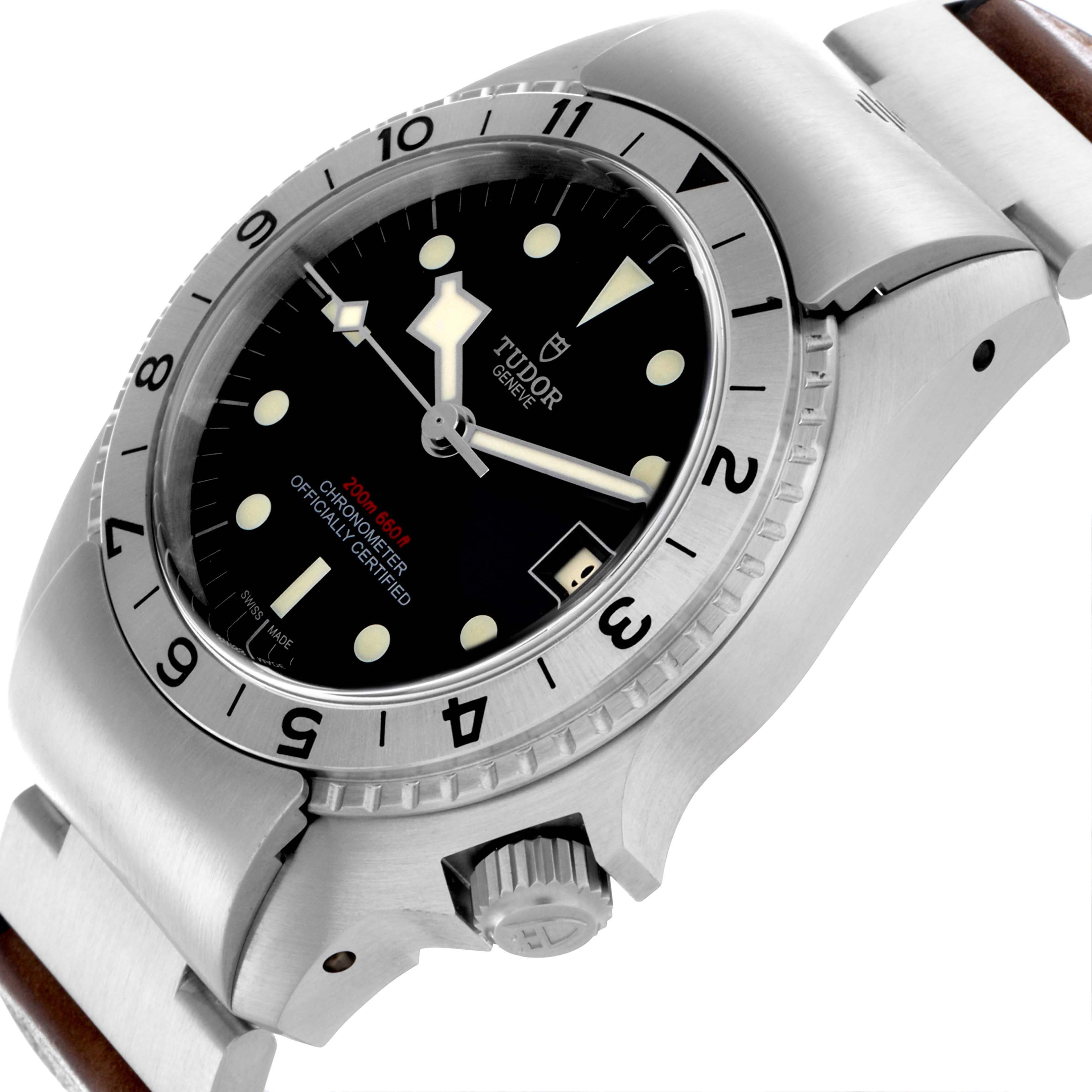 The Tudor Heritage Black Bay 70150 Men's Stainless Steel Black Dial 70150 Men's Stainless Steel Black Dial watch is shown at a slight side angle, highlighting the face, bezel, and crown.