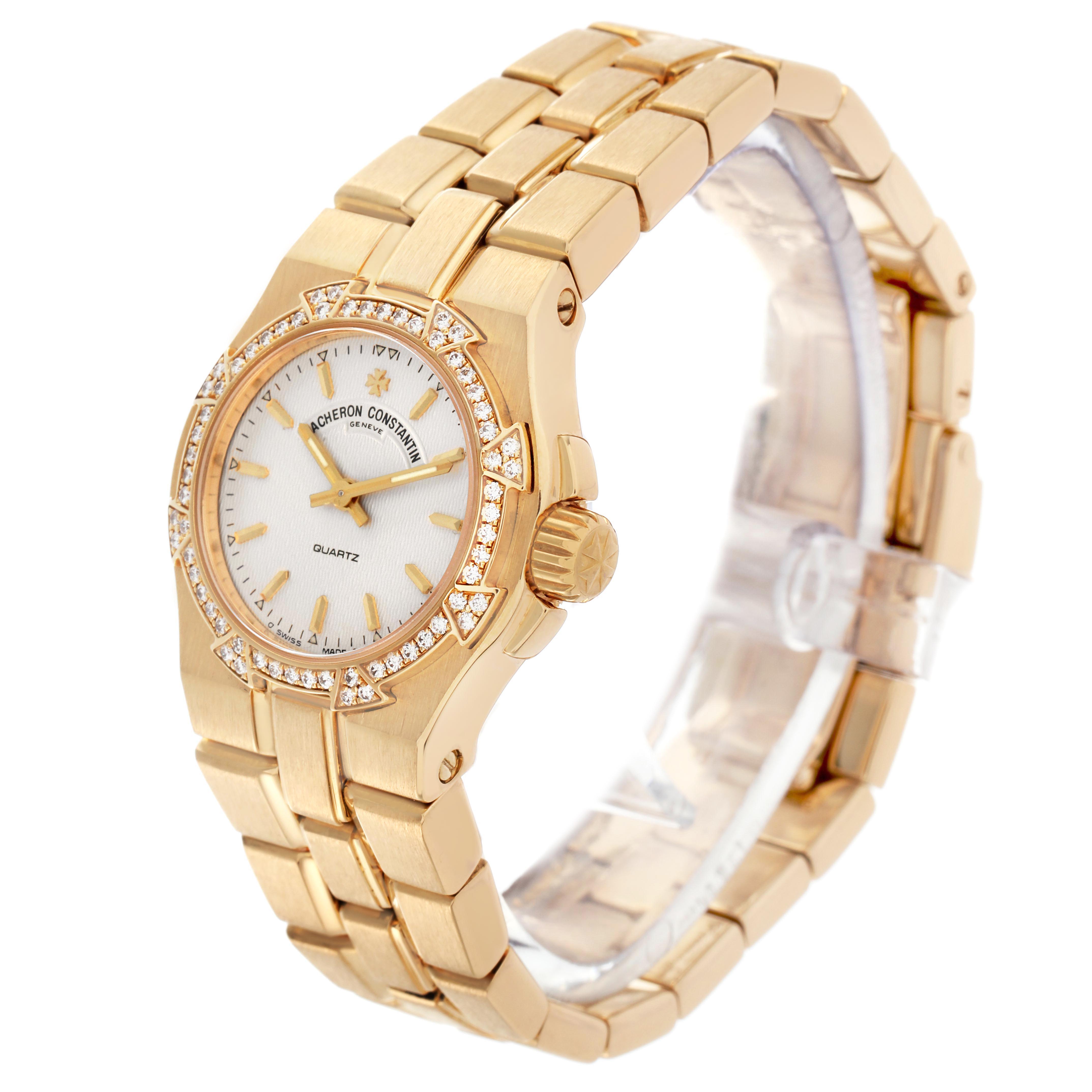 The Vacheron Constantin Overseas 16550.423J Women's Yellow Gold Silver Dial 16550.423J Women's Yellow Gold Silver Dial watch is shown at a three-quarter angle, highlighting the dial, bezel, crown, and bracelet.