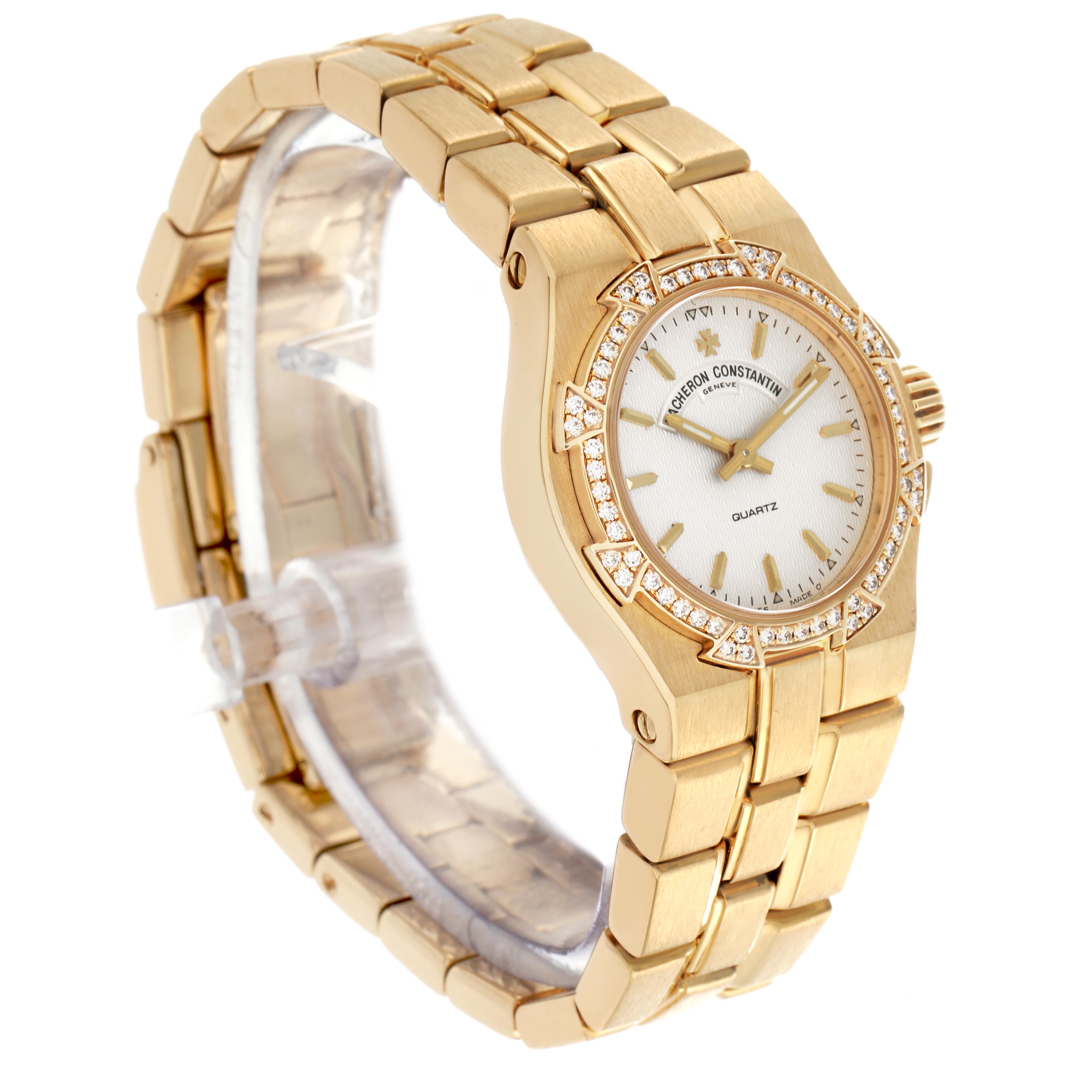 The Vacheron Constantin Overseas 16550.423J Women's Yellow Gold Silver Dial 16550.423J Women's Yellow Gold Silver Dial watch is shown at a three-quarter angle, highlighting the bezel, dial, crown, and bracelet.