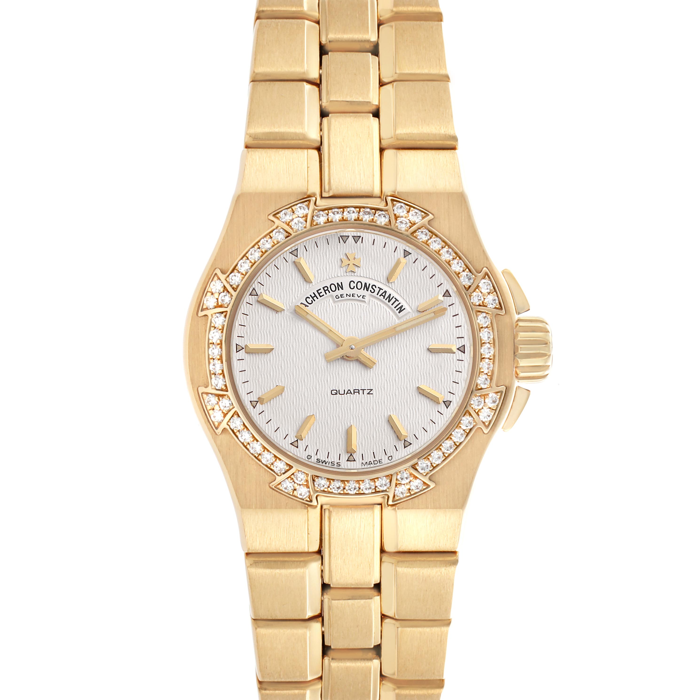 The Vacheron Constantin Overseas 16550.423J Women's Yellow Gold Silver Dial 16550.423J Women's Yellow Gold Silver Dial watch is shown from a top-down angle, highlighting the face, bezel, and part of the bracelet.