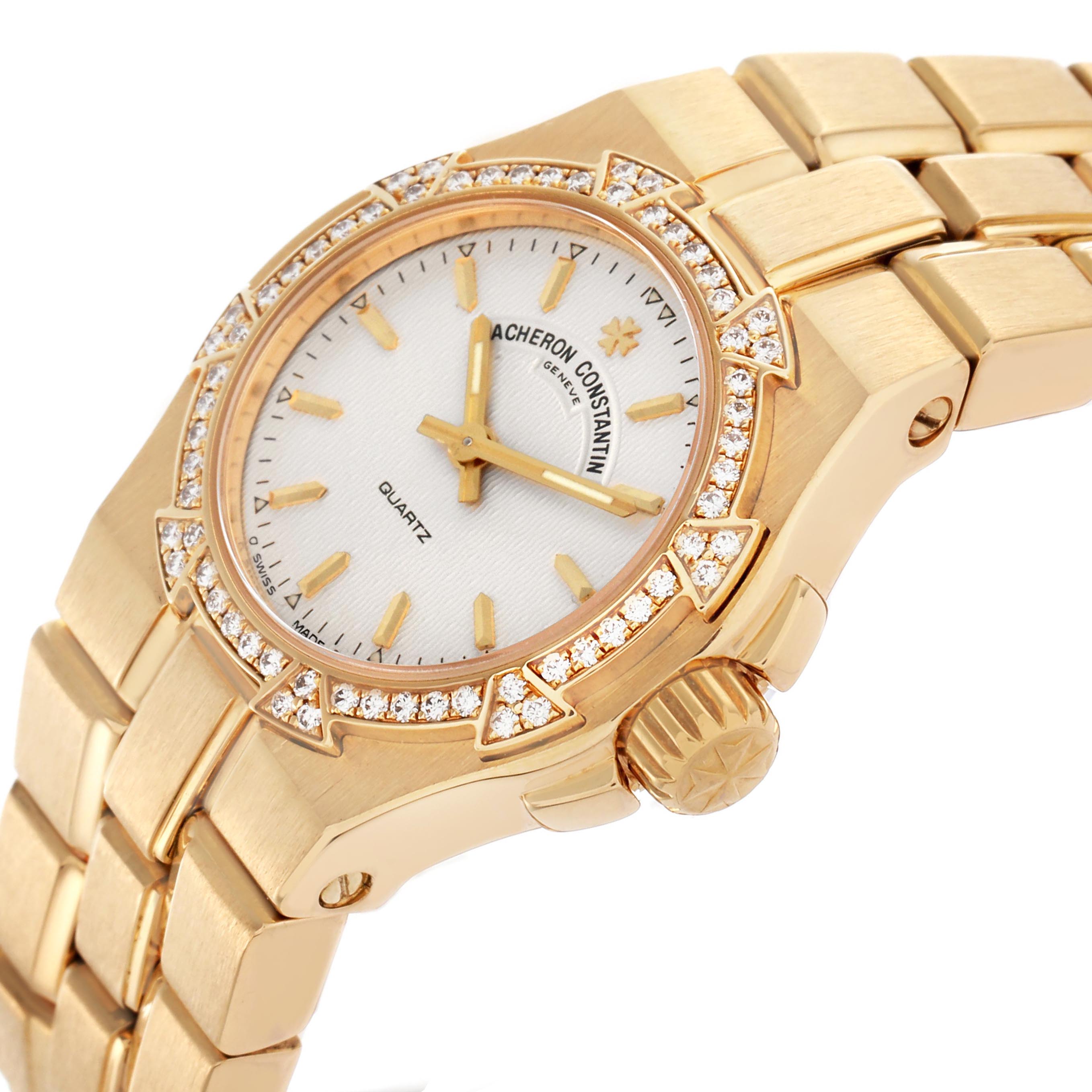 The Vacheron Constantin Overseas 16550.423J Women's Yellow Gold Silver Dial 16550.423J Women's Yellow Gold Silver Dial watch is shown at a side angle, highlighting the bezel, dial, crown, and bracelet.