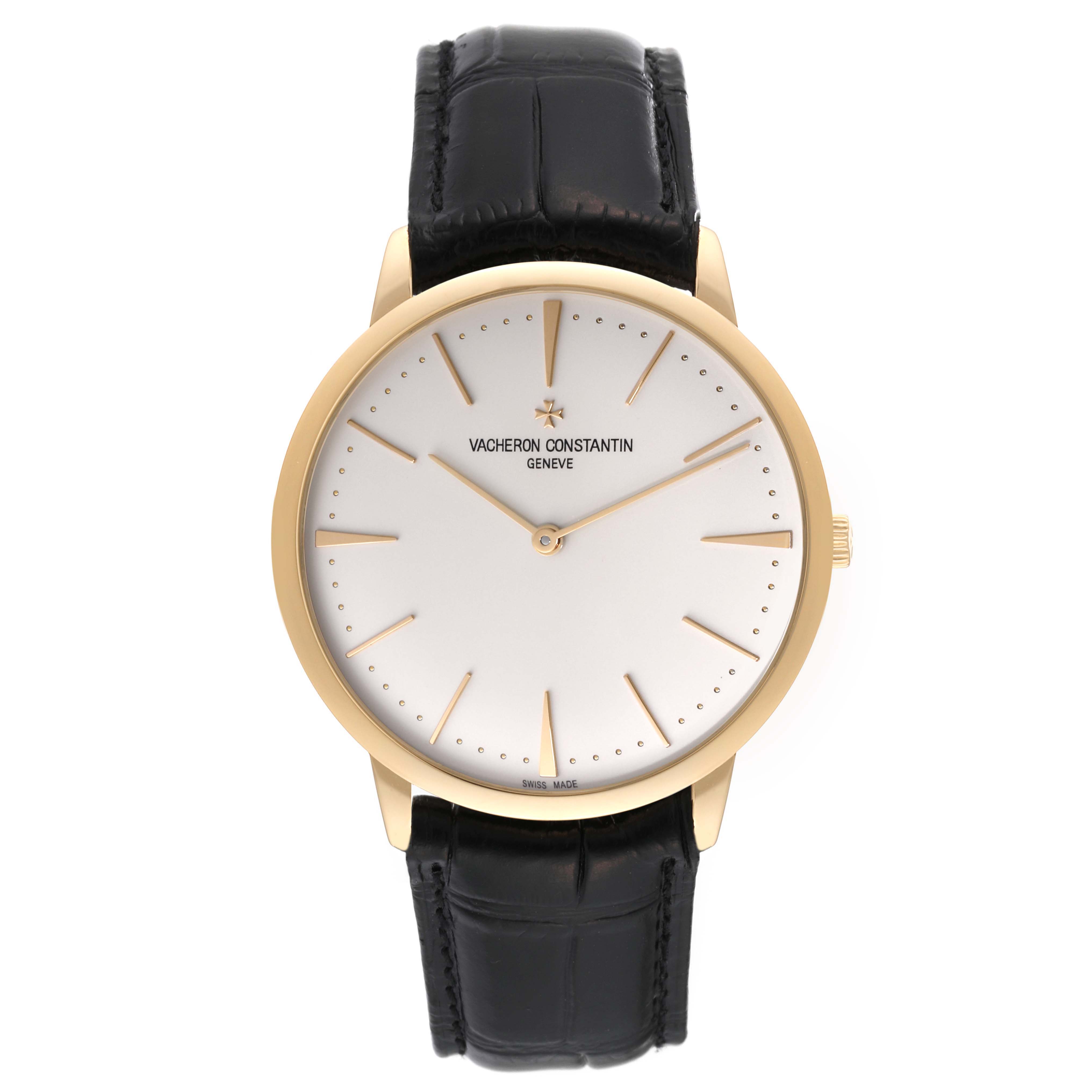 This is a front view of the Vacheron Constantin Patrimony 81180/000J Men's Yellow Gold Silver Dial 81180/000J Men's Yellow Gold Silver Dial watch, showing the dial, hands, and leather strap.