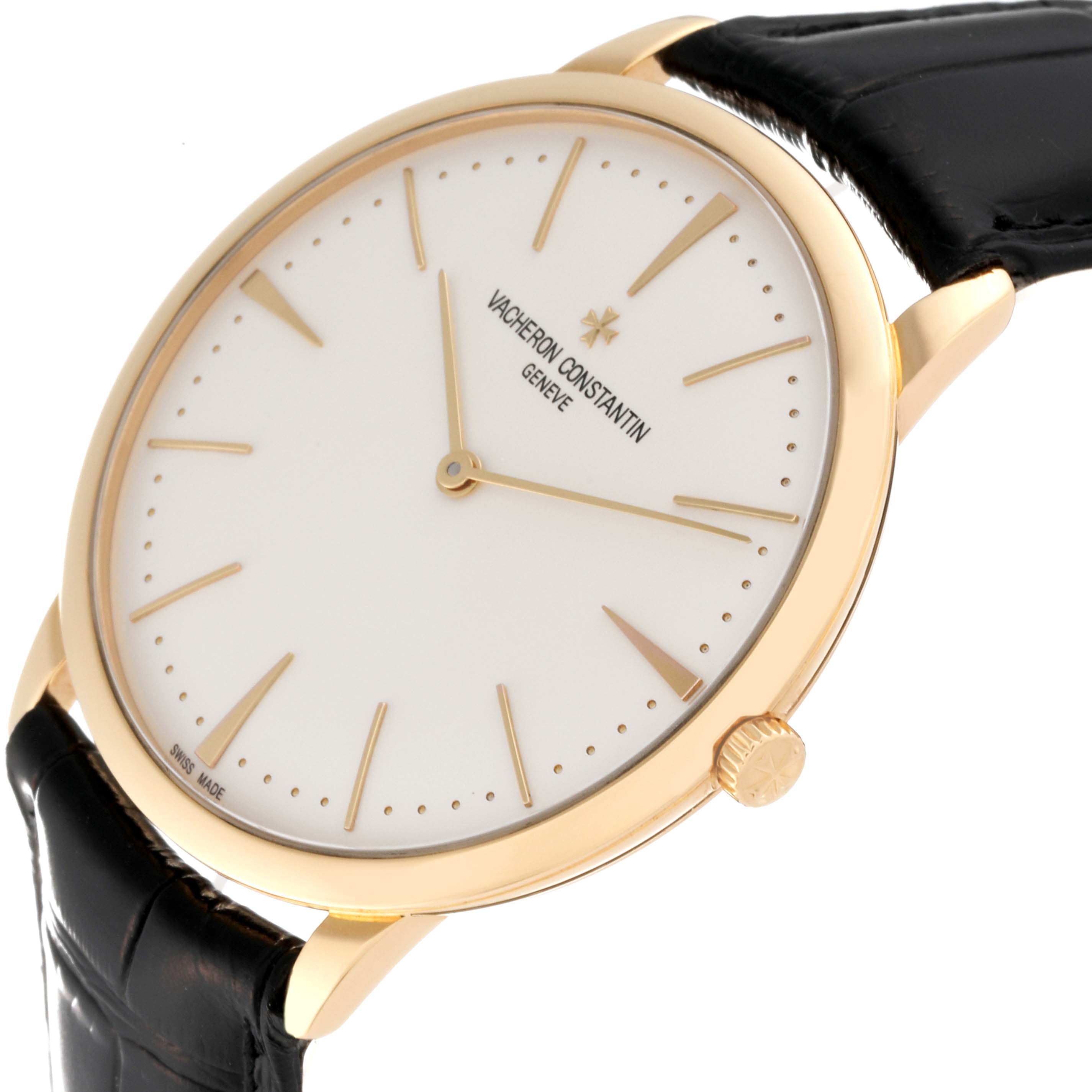 This image shows a Vacheron Constantin Patrimony 81180/000J Men's Yellow Gold Silver Dial 81180/000J Men's Yellow Gold Silver Dial watch at a slight angle, highlighting the dial, hands, crown, and part of the strap.