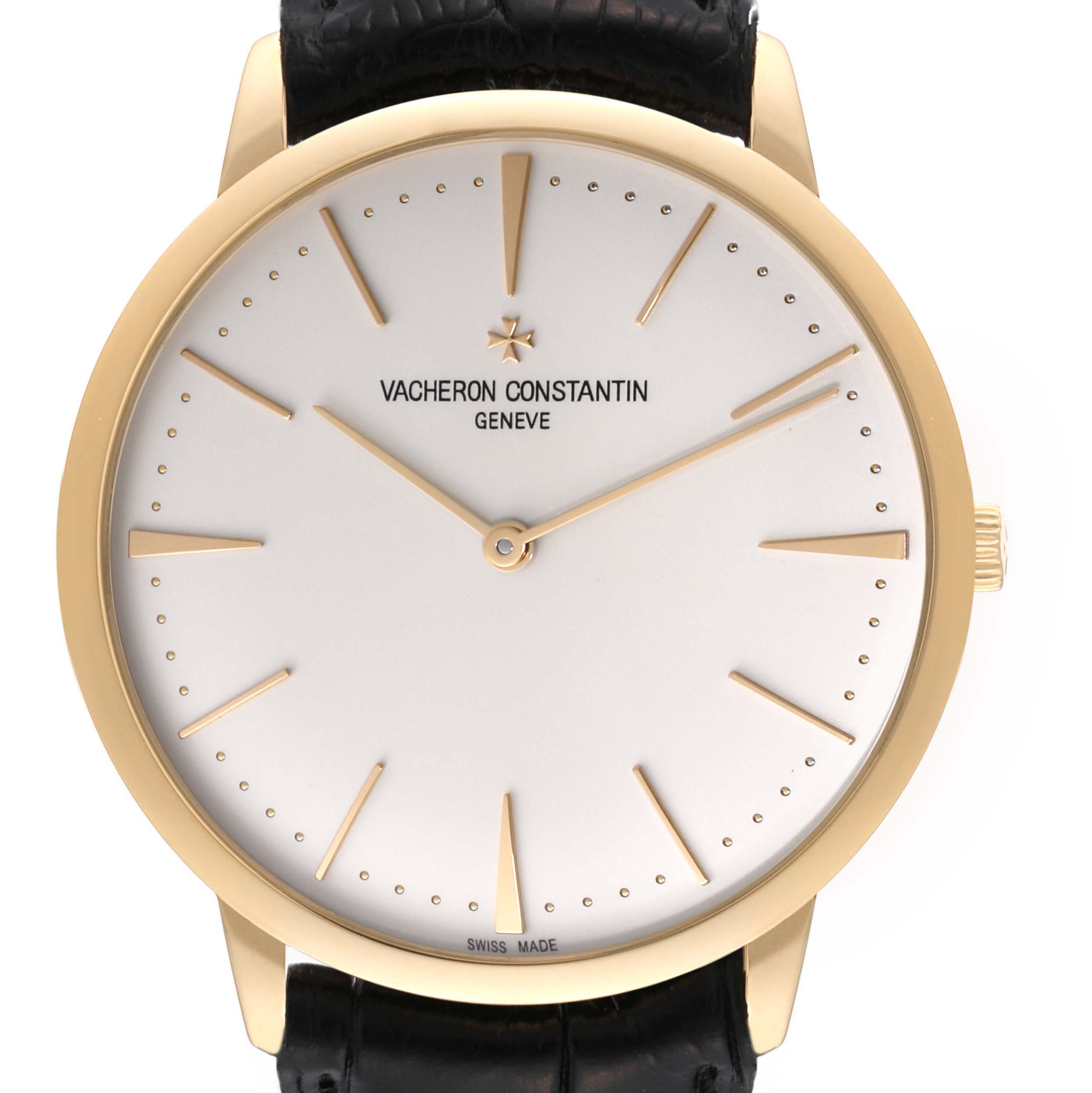 The image shows a front view of the Vacheron Constantin Patrimony 81180/000J Men's Yellow Gold Silver Dial 81180/000J Men's Yellow Gold Silver Dial watch, highlighting its dial, hands, and part of the strap.