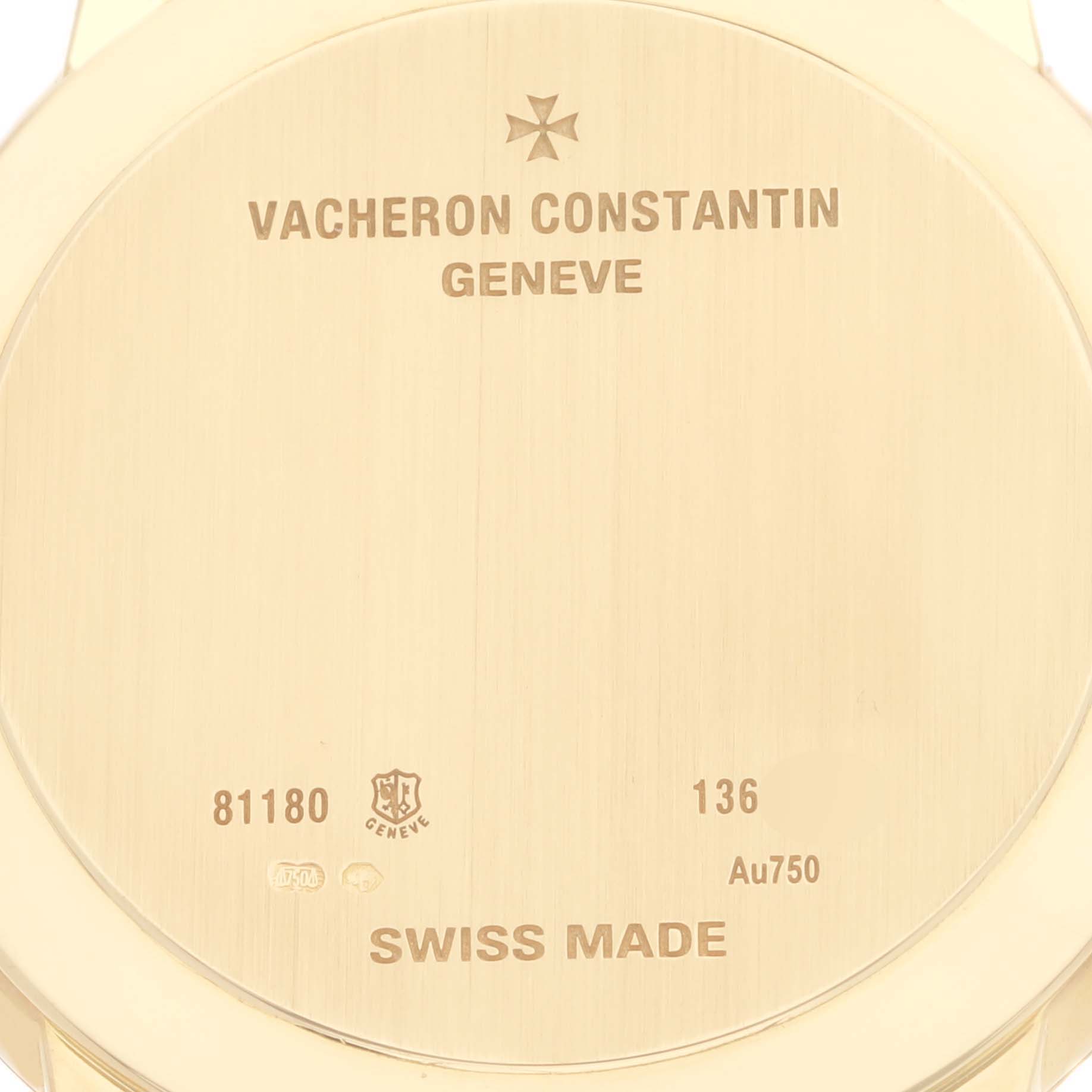 The image shows the back case of a Vacheron Constantin Patrimony 81180/000J Men's Yellow Gold Silver Dial 81180/000J Men's Yellow Gold Silver Dial watch, displaying engravings and markings.