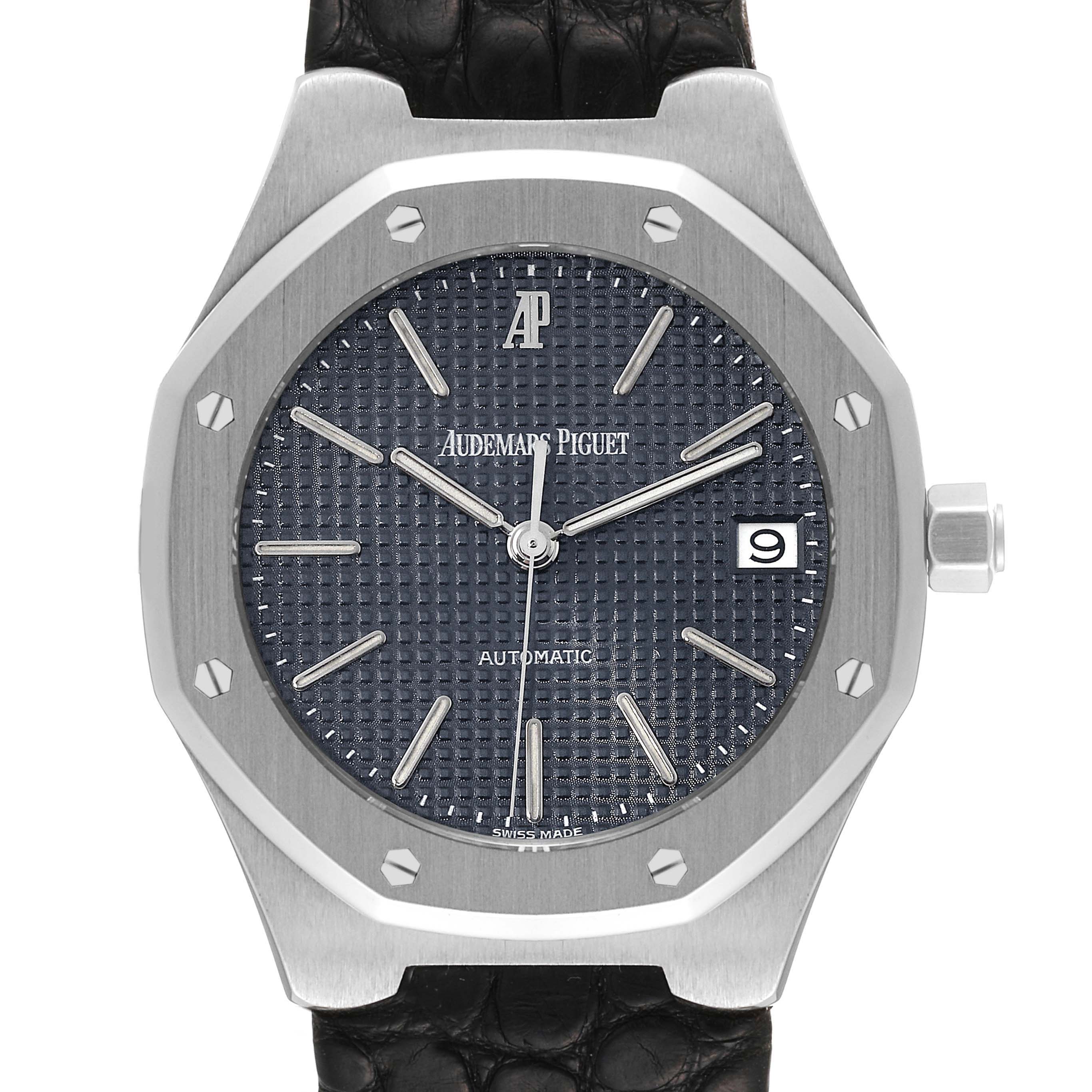 This close-up image showcases the face, bezel, dial, and crown of the Audemars Piguet Royal Oak 14800ST Men's Stainless Steel Blue Dial 14800ST Men's Stainless Steel Blue Dial watch.