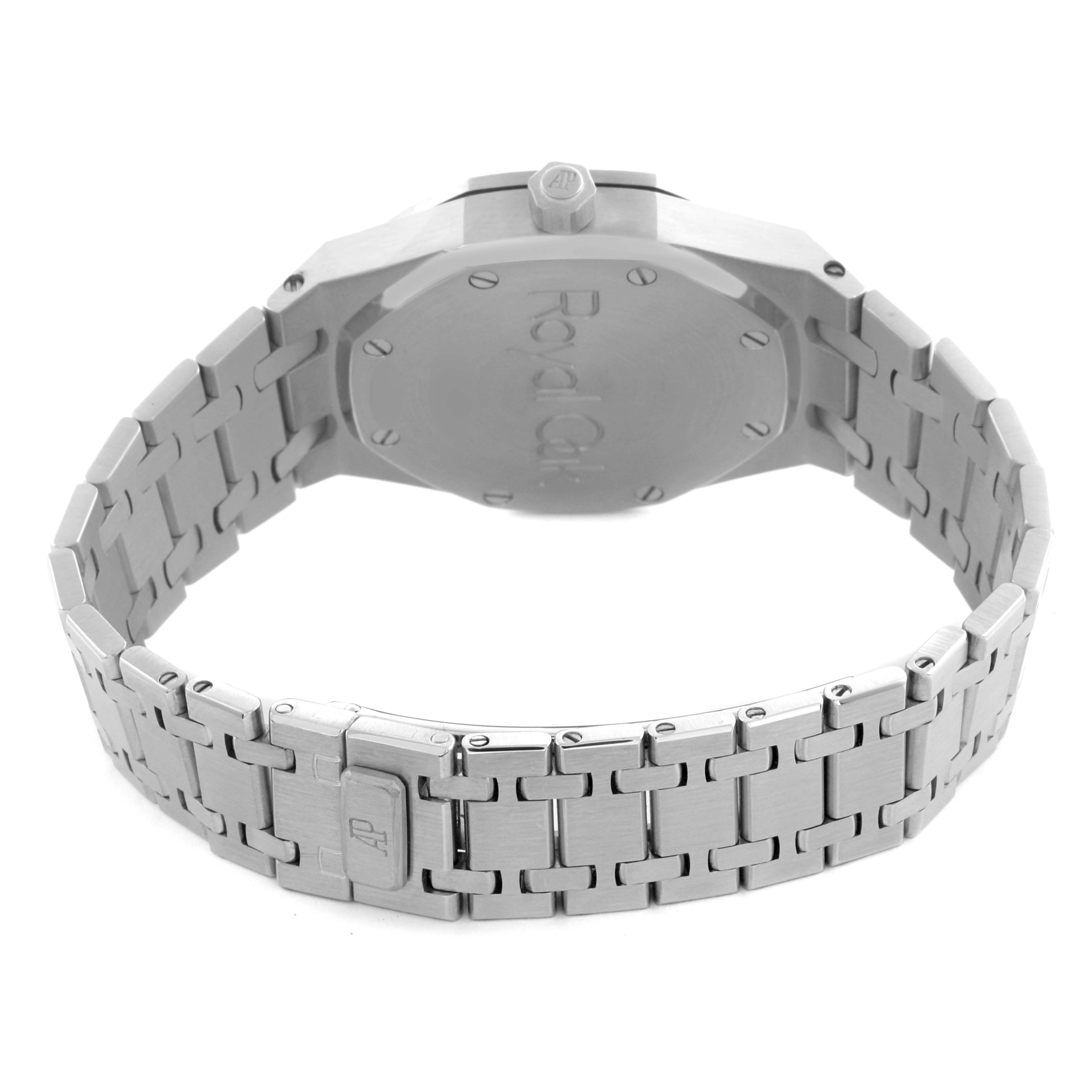 The image shows the back view of an Audemars Piguet Royal Oak 25730ST.O.0789ST.02 Men's Stainless Steel Black Dial 25730ST.O.0789ST.02 Men's Stainless Steel Black Dial watch featuring its bracelet and case back prominently.