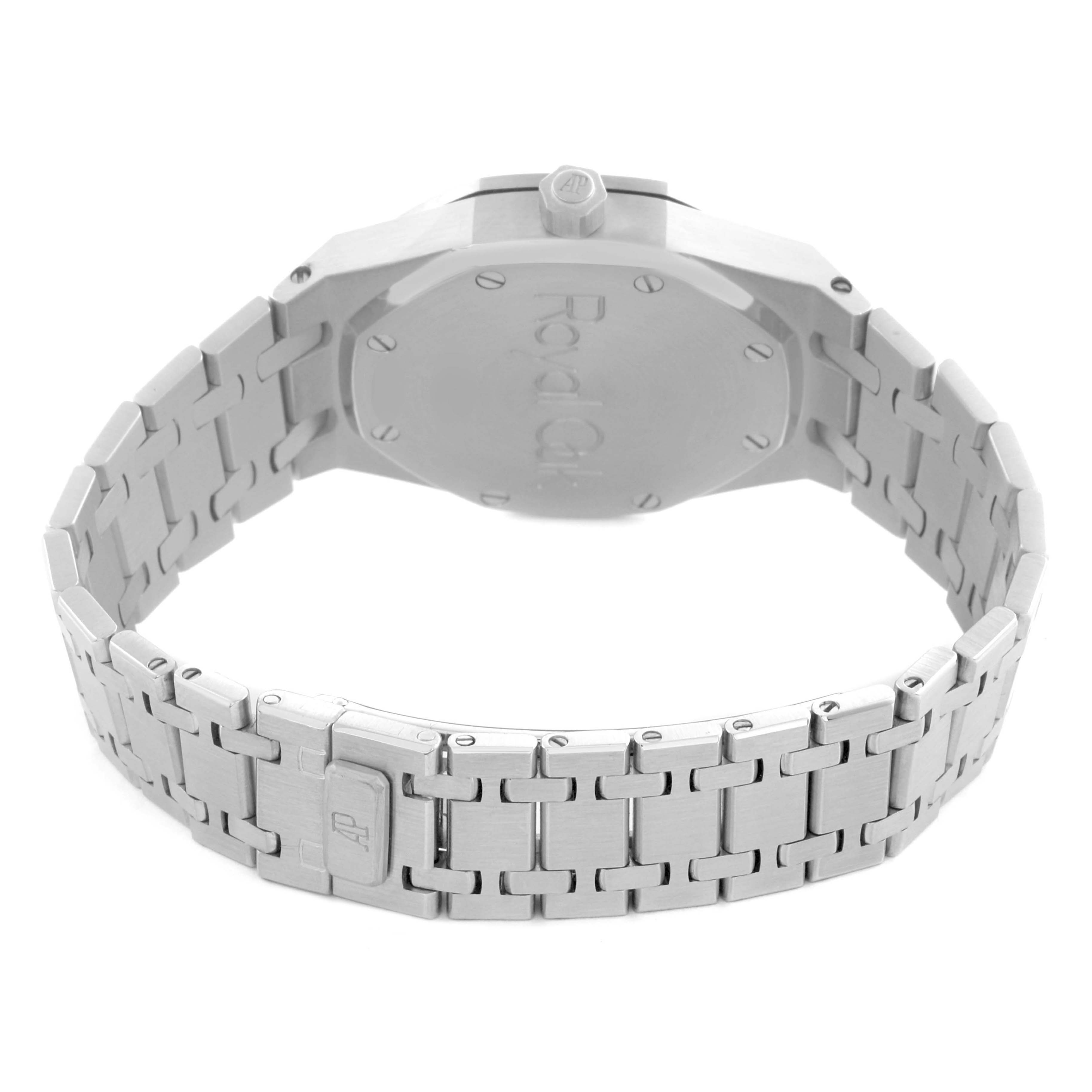 The image shows the backside and bracelet of the Audemars Piguet Royal Oak 25730ST.O.0789ST.02 Men's Stainless Steel Black Dial, highlighting the clasp and case back.