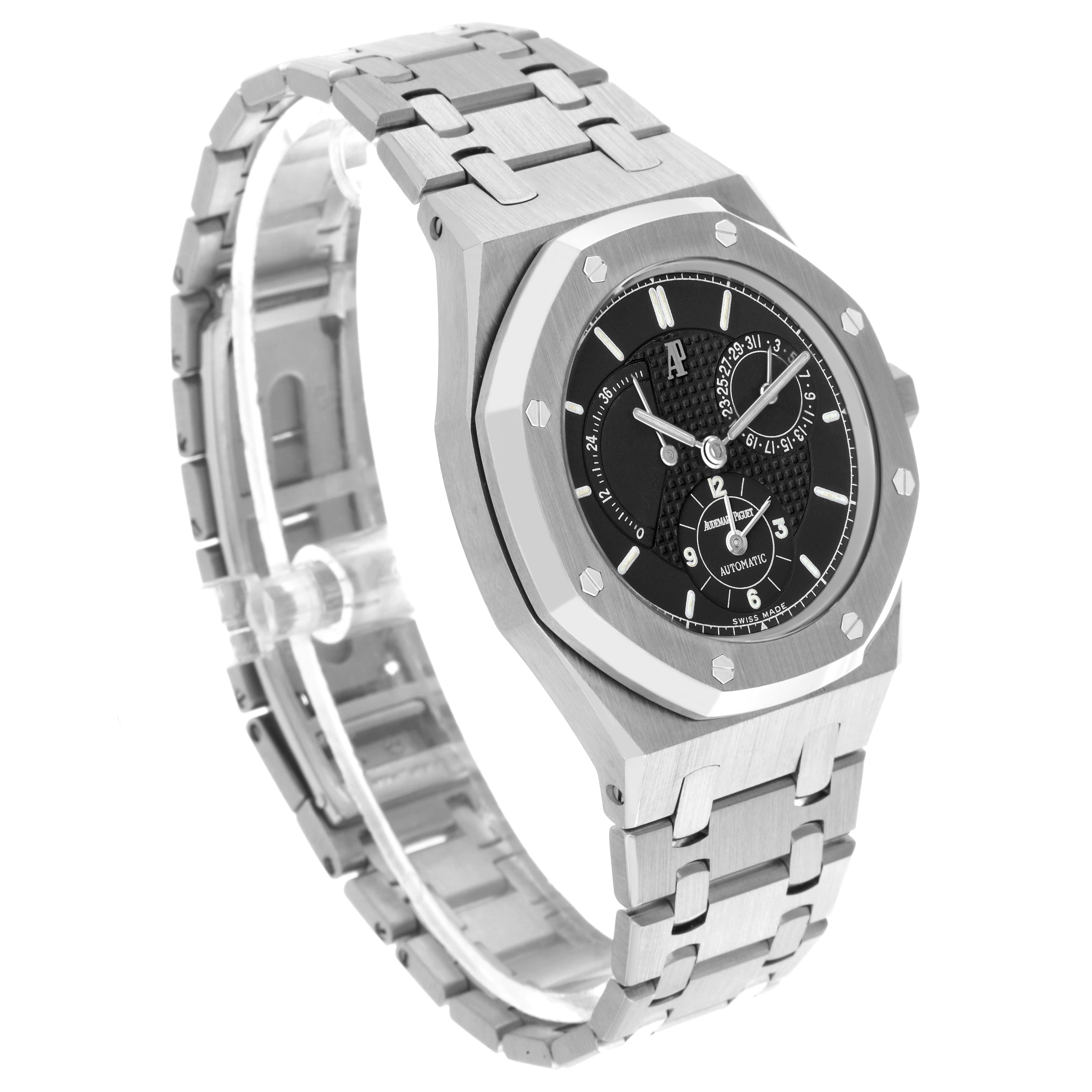 The Audemars Piguet Royal Oak 25730ST.O.0789ST.02 Men's Stainless Steel Black Dial watch is shown at a three-quarter angle, highlighting its case, bracelet, and watch face details.