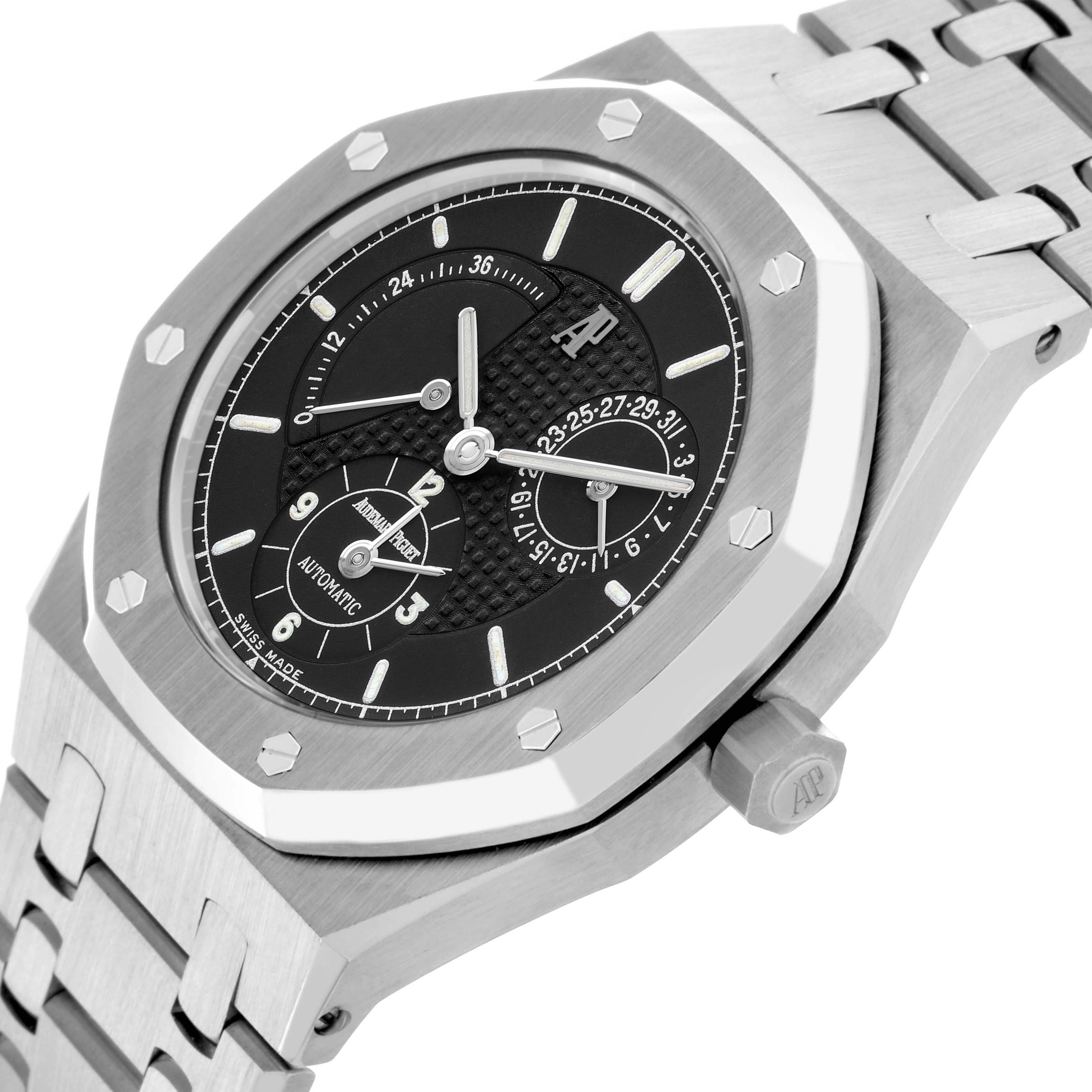 The image shows the Audemars Piguet Royal Oak 25730ST.O.0789ST.02 Men's Stainless Steel Black Dial watch at an angle emphasizing its octagonal bezel, dial, pushers, and bracelet.