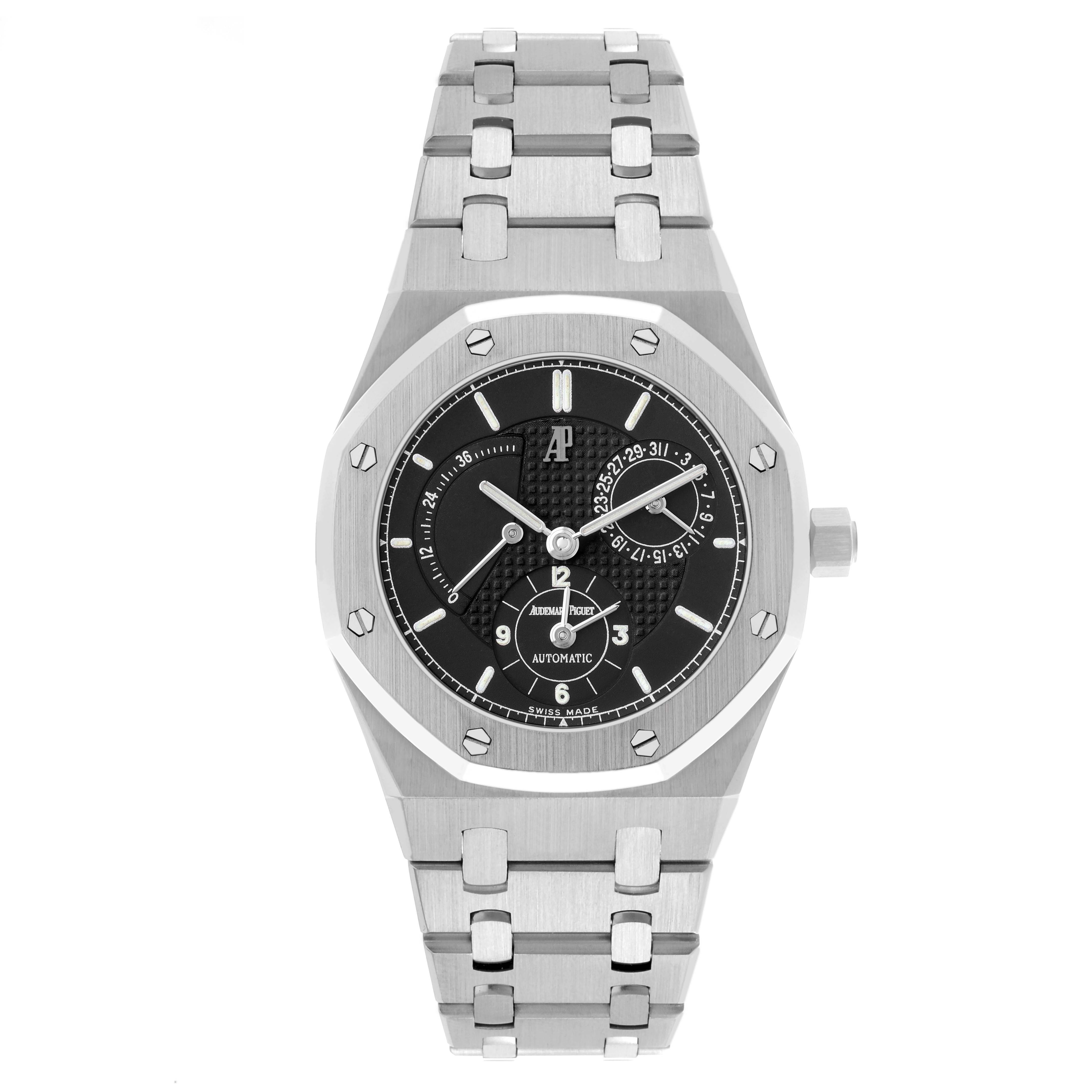 The image shows a frontal view of the Audemars Piguet Royal Oak 25730ST.O.0789ST.02 Men's Stainless Steel Black Dial watch, highlighting its black dial, octagonal bezel, and stainless steel bracelet.