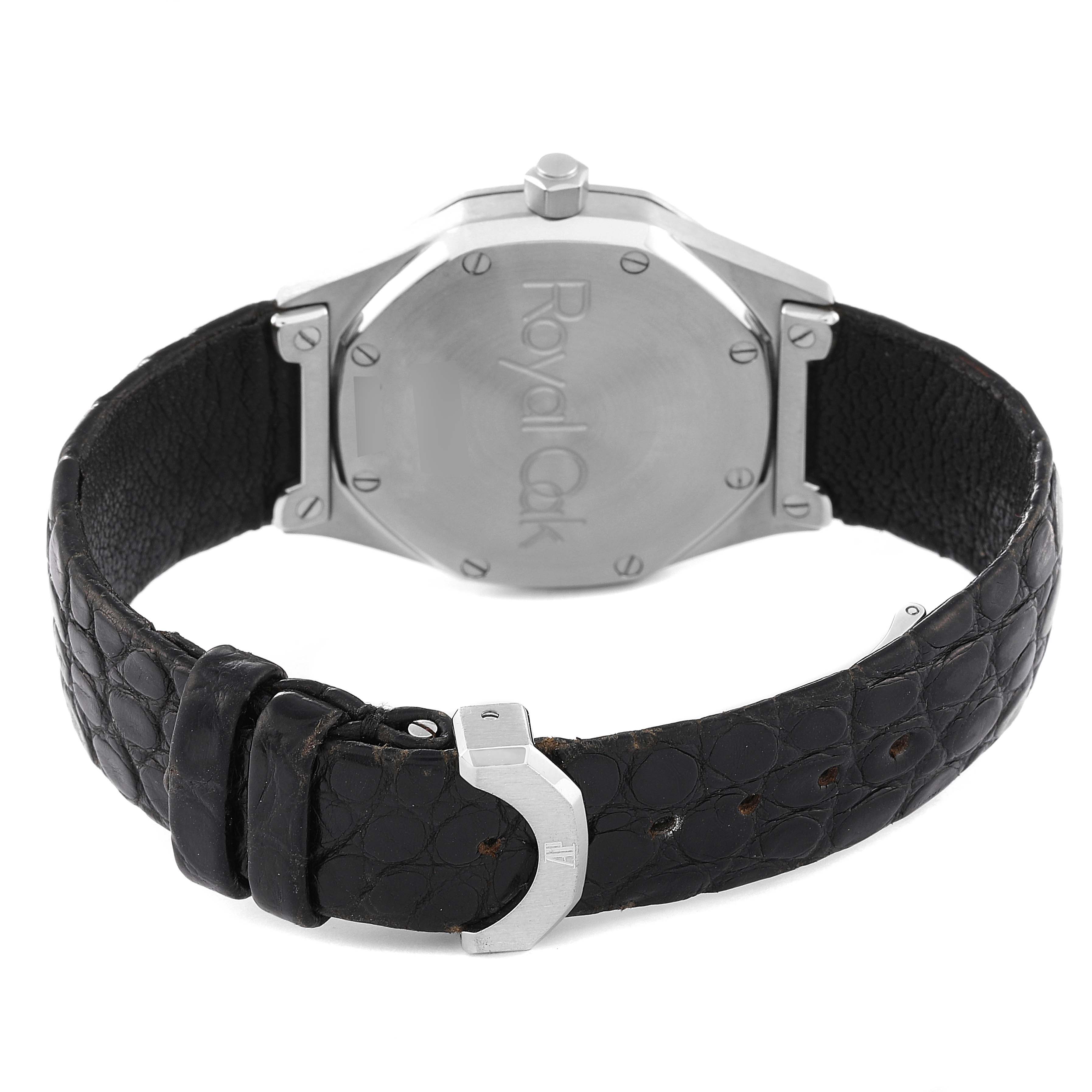 The image shows the back view of the Audemars Piguet Royal Oak 14800ST Men's Stainless Steel Blue Dial 14800ST Men's Stainless Steel Blue Dial watch, including its black leather strap and metal clasp.