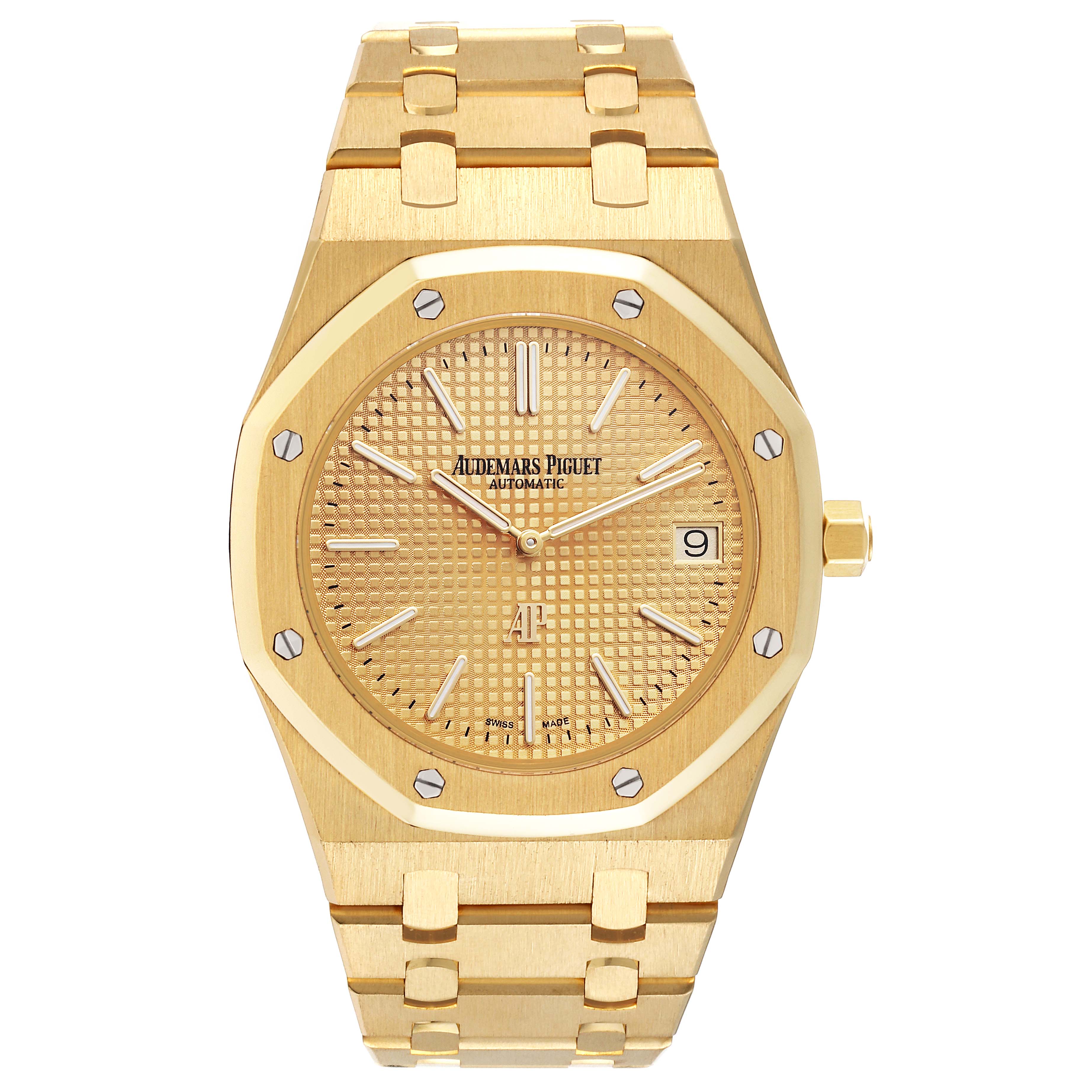 The image shows a front view of an Audemars Piguet Royal Oak 15202BA Men's Yellow Gold Champagne Dial 15202BA Men's Yellow Gold Champagne Dial watch, displaying its gold dial, bezel, bracelet, and date window.