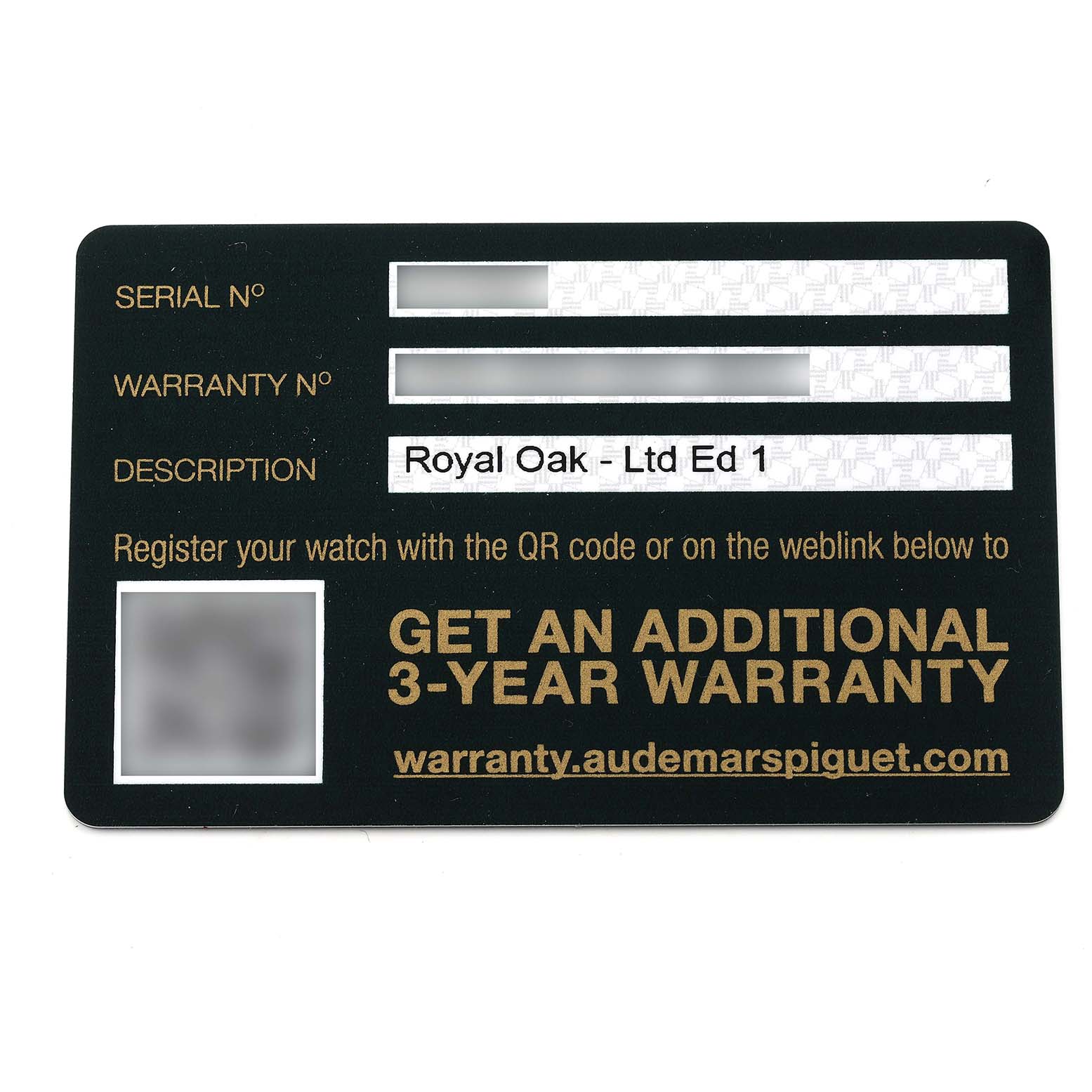 This image shows the warranty card for a Royal Oak model by Audemars Piguet.