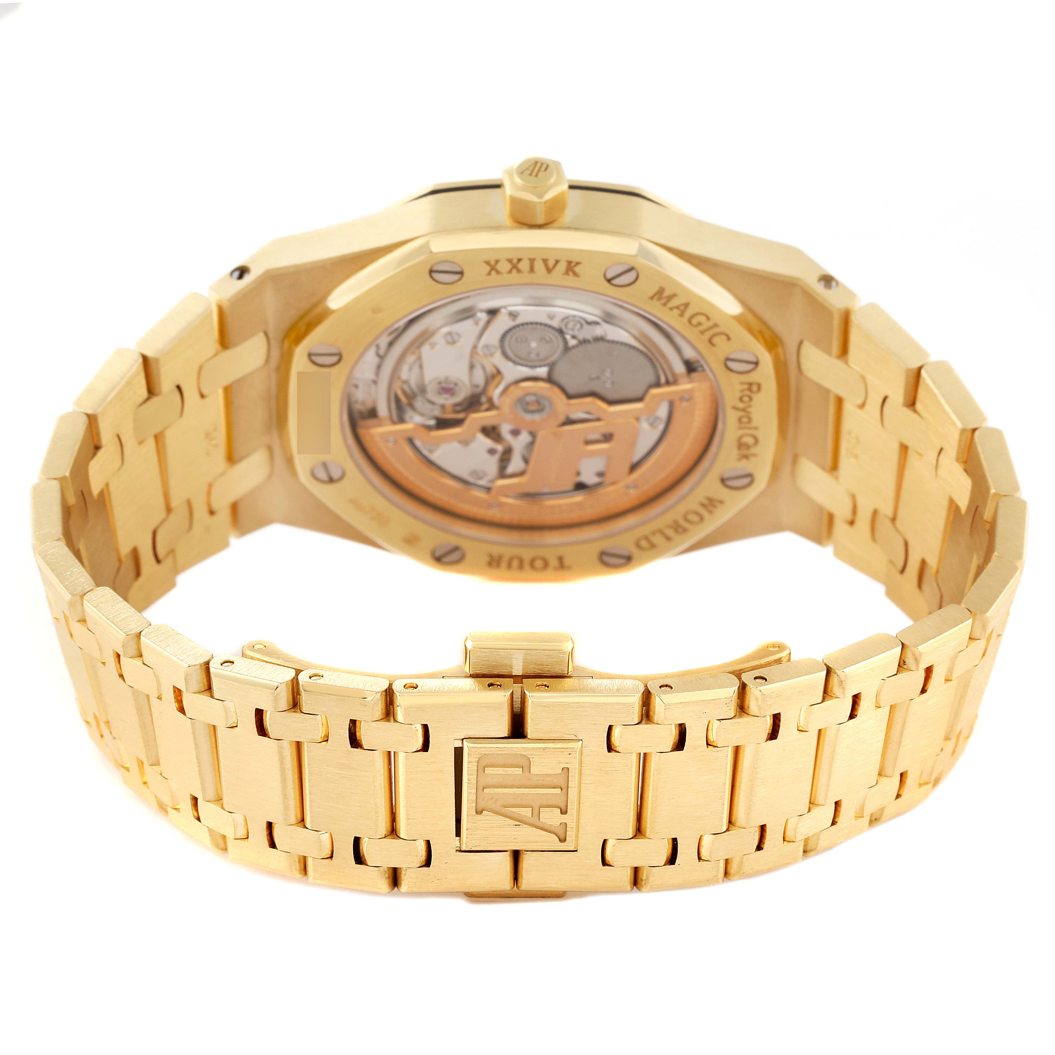 This image showcases the back view of a Royal Oak model by Audemars Piguet, emphasizing the open case back and the bracelet.