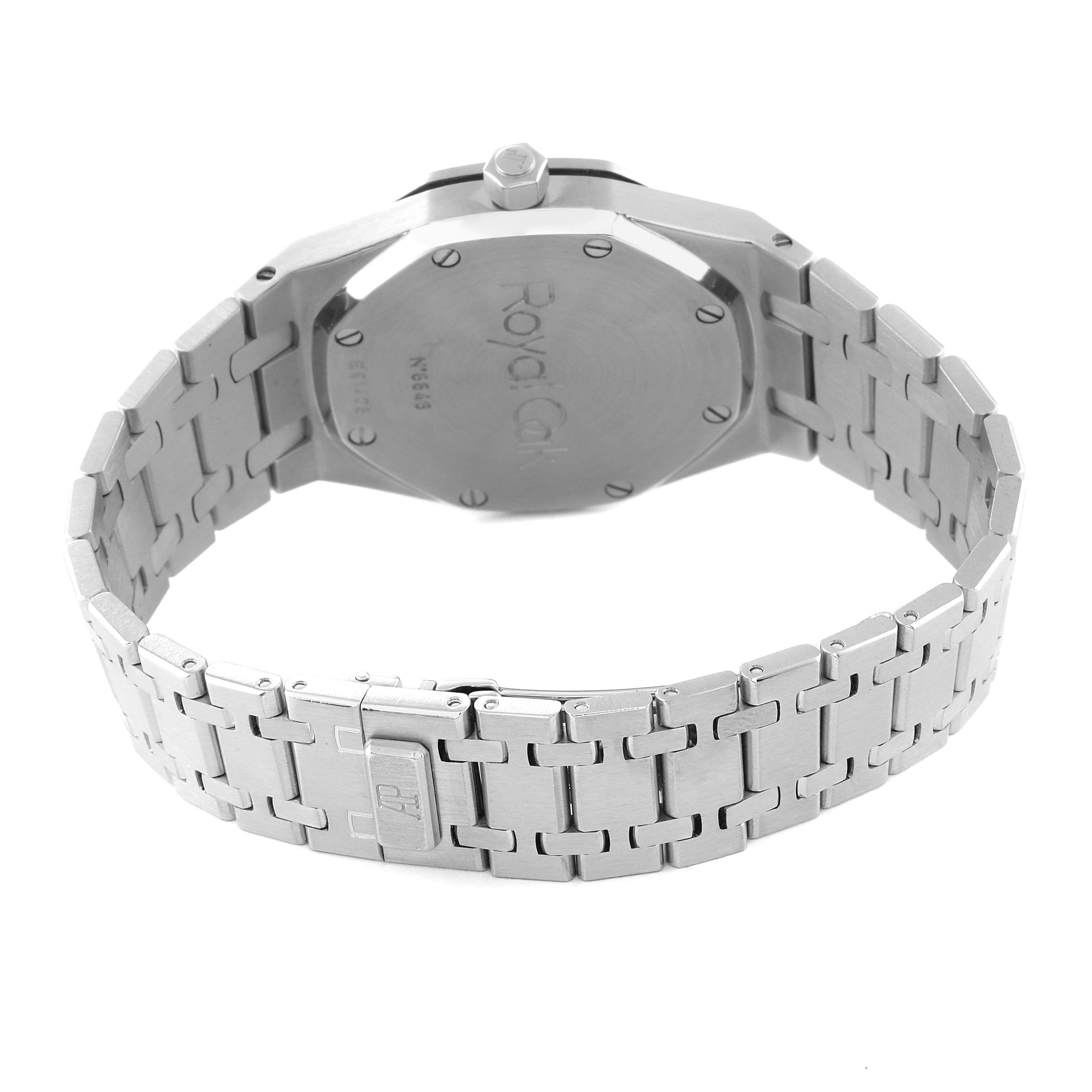 The image shows the back view of the Audemars Piguet Royal Oak 14790ST Men
s Stainless Steel Silver Dial 14790ST Men
s Stainless Steel Silver Dial watch, highlighting the case back and bracelet.
