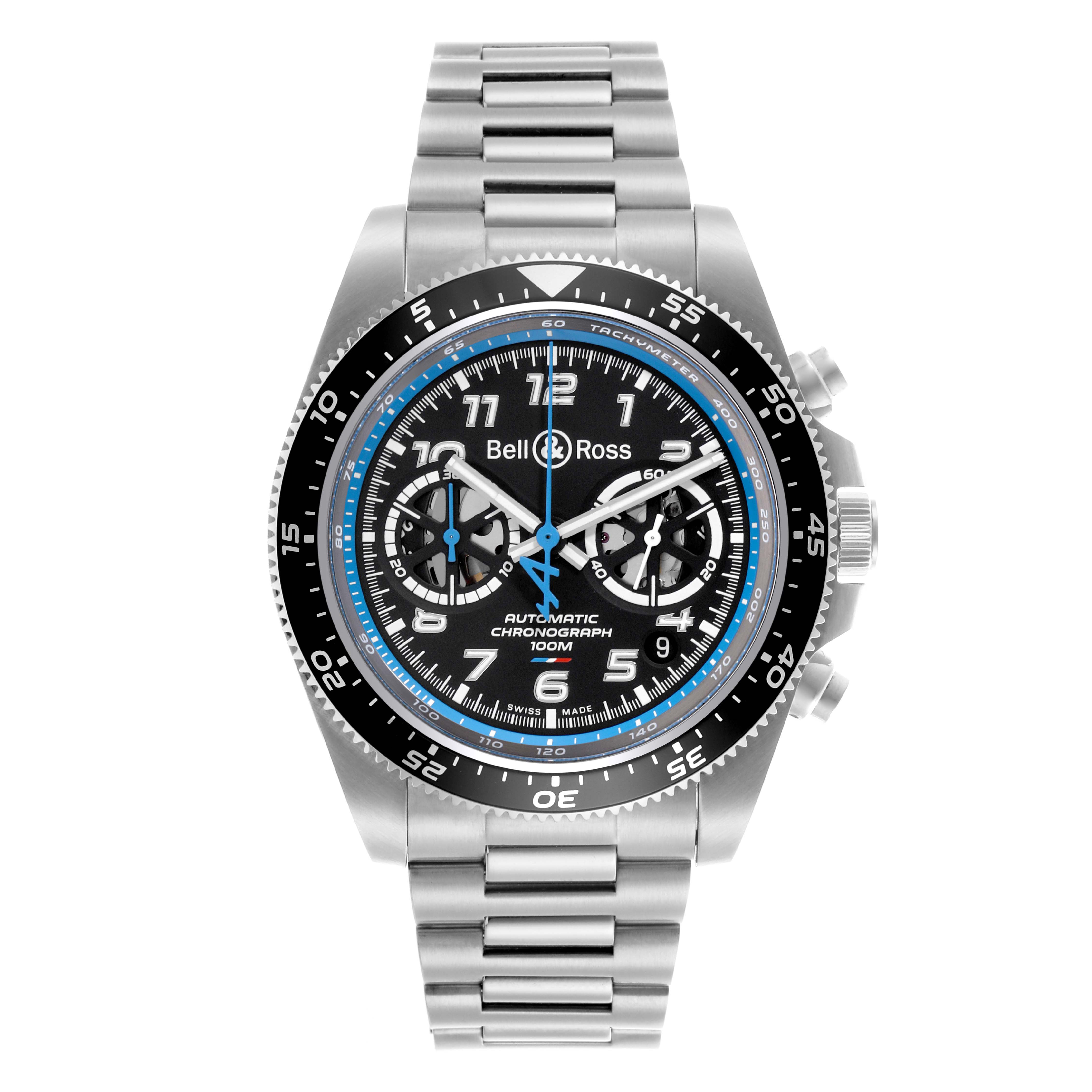 The Bell 
Ross Instruments BRV3-94-A521 Men
s Stainless Steel Black Dial BRV3-94-A521 Men
s Stainless Steel Black Dial model watch is shown from the front, displaying its dial, bezel, case, crown, and bracelet.