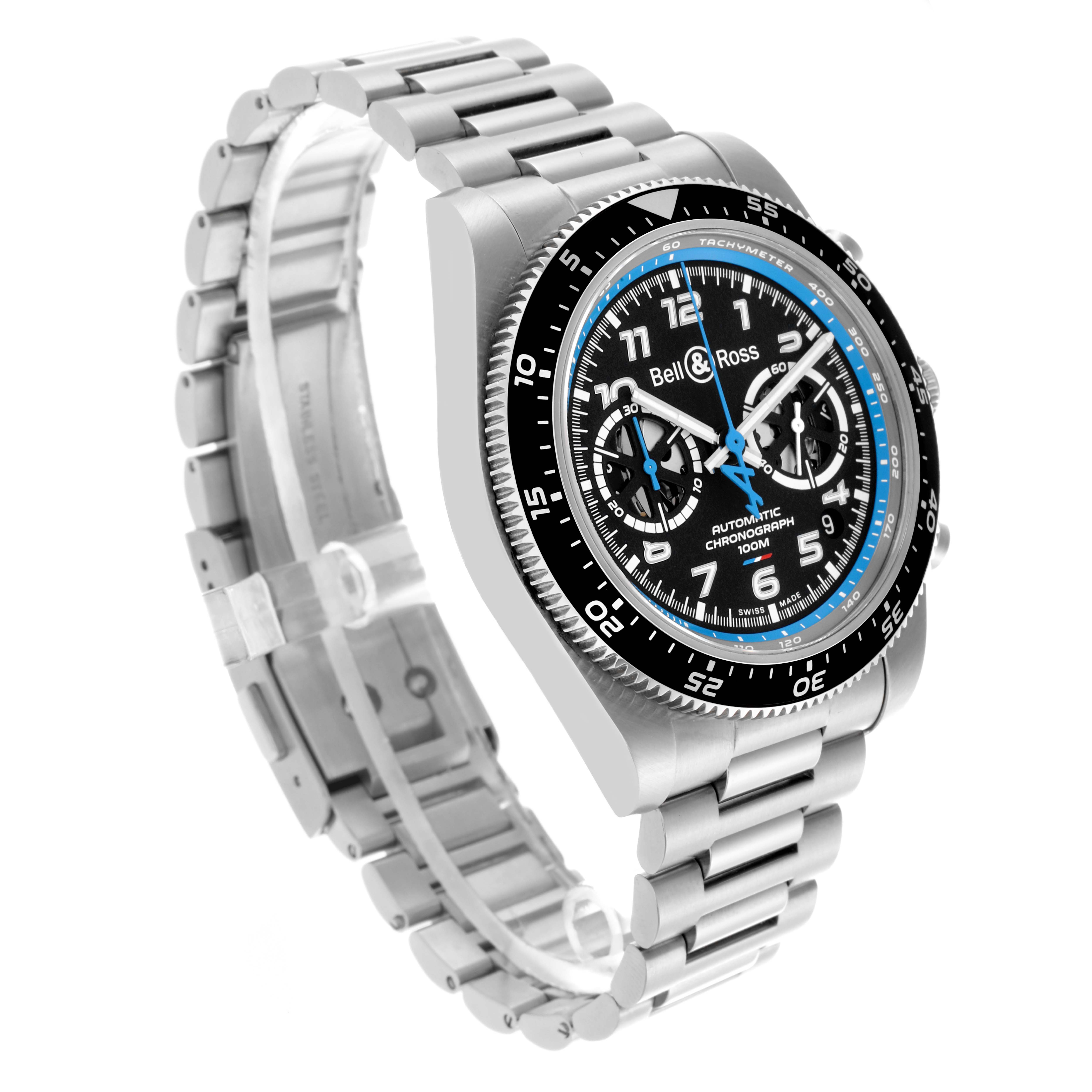 The Bell 
Ross Instruments BRV3-94-A521 Men
s Stainless Steel Black Dial BRV3-94-A521 Men
s Stainless Steel Black Dial watch is shown at a slight angle, highlighting its bezel, dial, and metal bracelet.