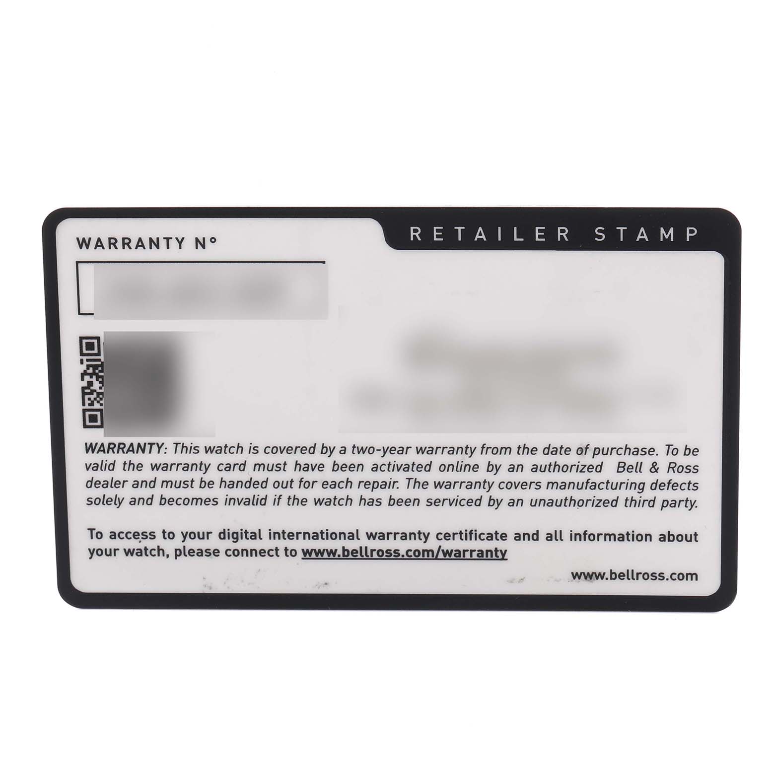The image shows a warranty card for the Bell 
Ross Instruments BRV3-94-A521 Men
s Stainless Steel Black Dial BRV3-94-A521 Men
s Stainless Steel Black Dial model watch.