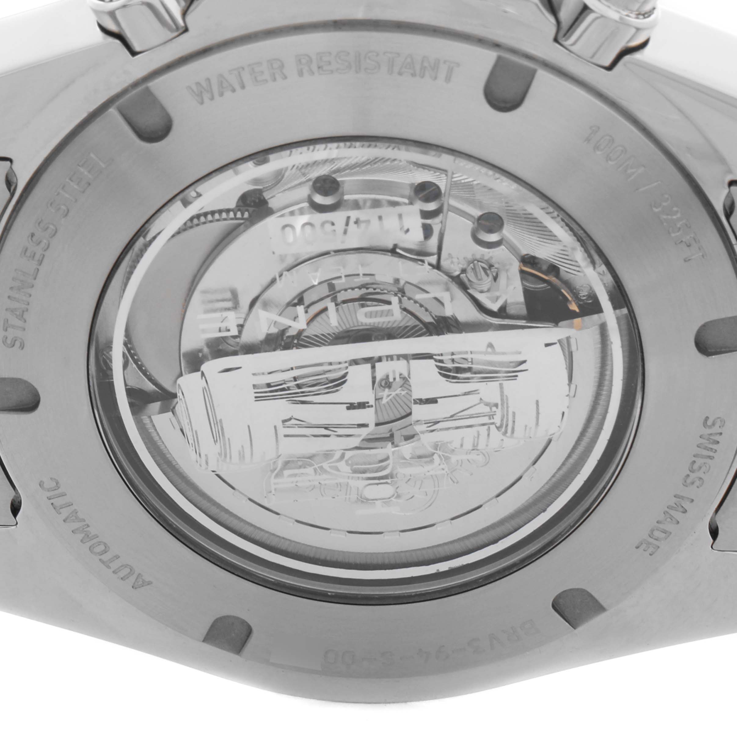 The image shows the back view of the Bell 
Ross Instruments BRV3-94-A521 Men
s Stainless Steel Black Dial BRV3-94-A521 Men
s Stainless Steel Black Dial watch, highlighting the automatic movement through a transparent case back.