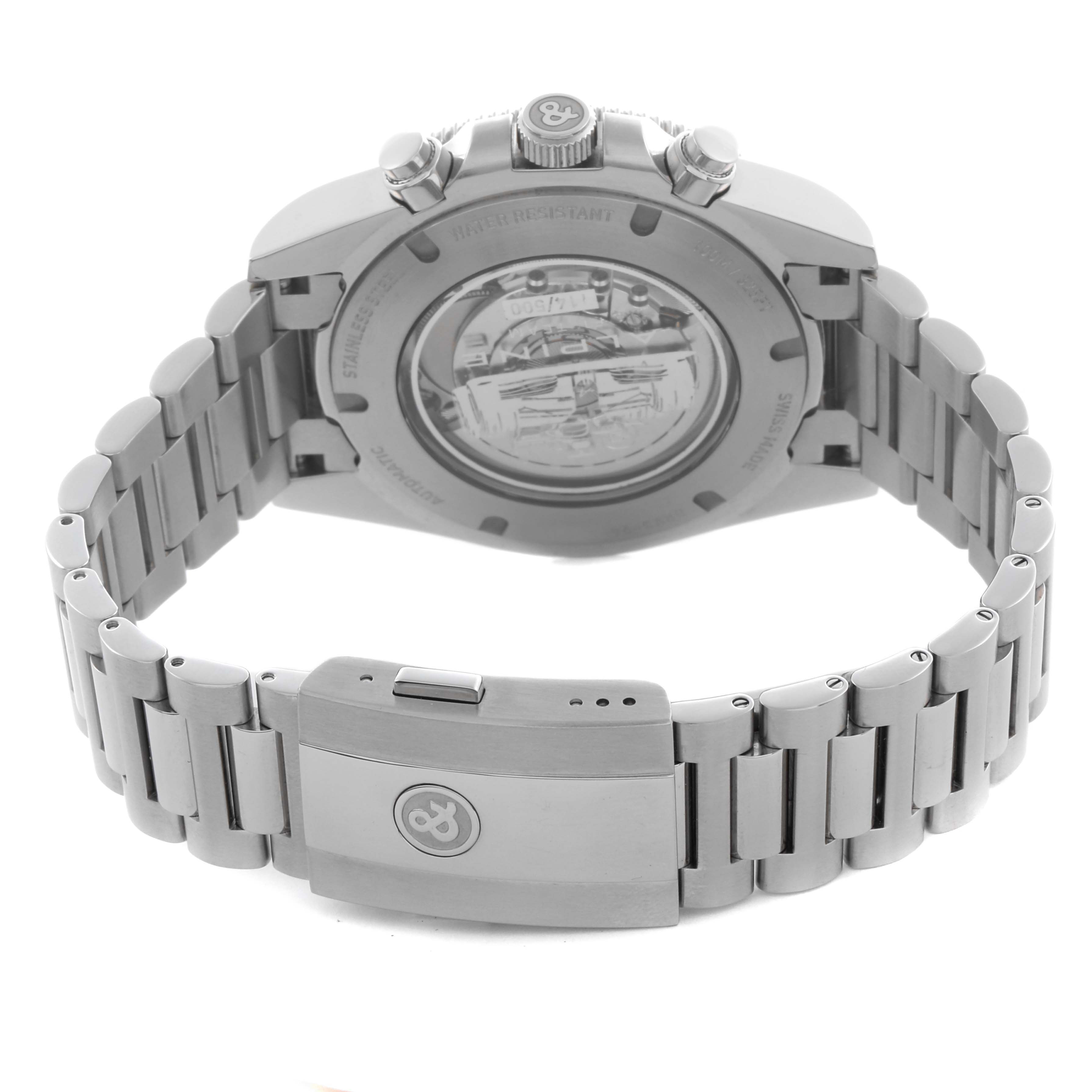 The image shows the back and clasp of a Bell 
Ross Instruments BRV3-94-A521 Men
s Stainless Steel Black Dial BRV3-94-A521 Men
s Stainless Steel Black Dial watch, highlighting the metal bracelet and case back.