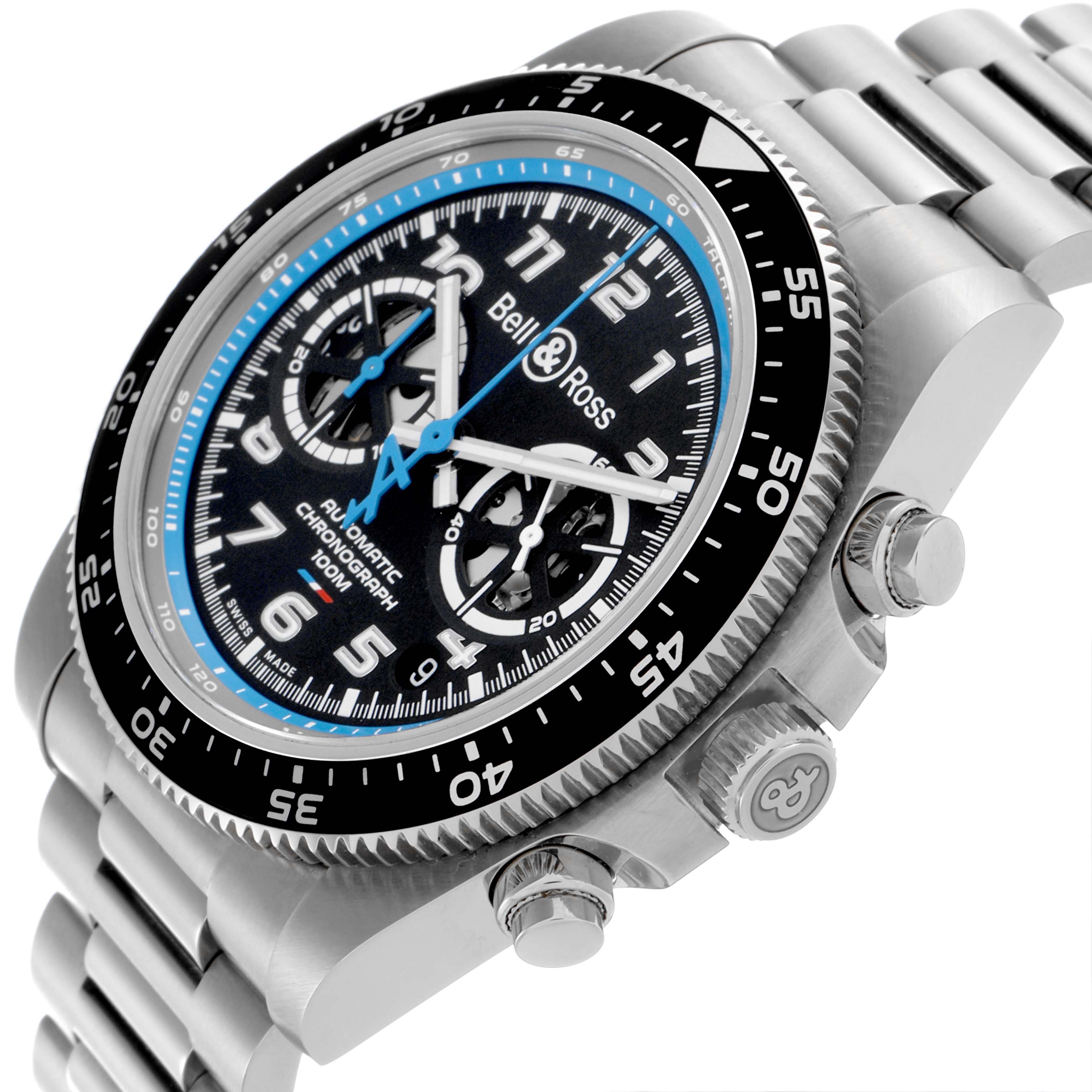 The Bell 
Ross Instruments BRV3-94-A521 Men
s Stainless Steel Black Dial BRV3-94-A521 Men
s Stainless Steel Black Dial model watch is shown at a three-quarter angle displaying the face, bezel, pushers, and part of the bracelet.