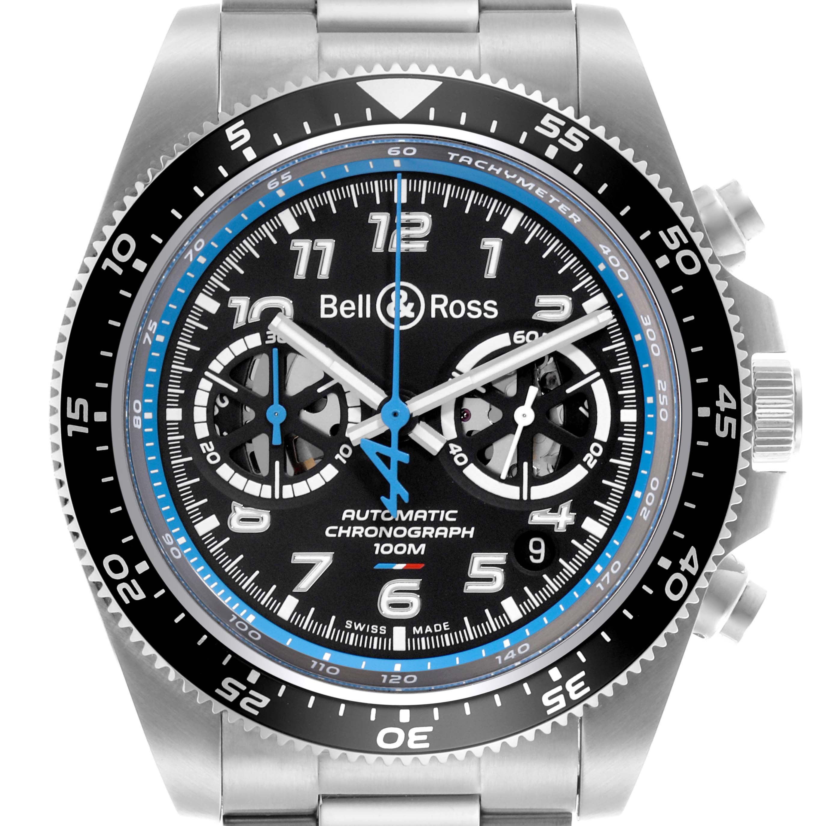 The Bell 
Ross Instruments BRV3-94-A521 Men
s Stainless Steel Black Dial BRV3-94-A521 Men
s Stainless Steel Black Dial watch is shown from the front, highlighting the dial, hands, and bezel clearly.