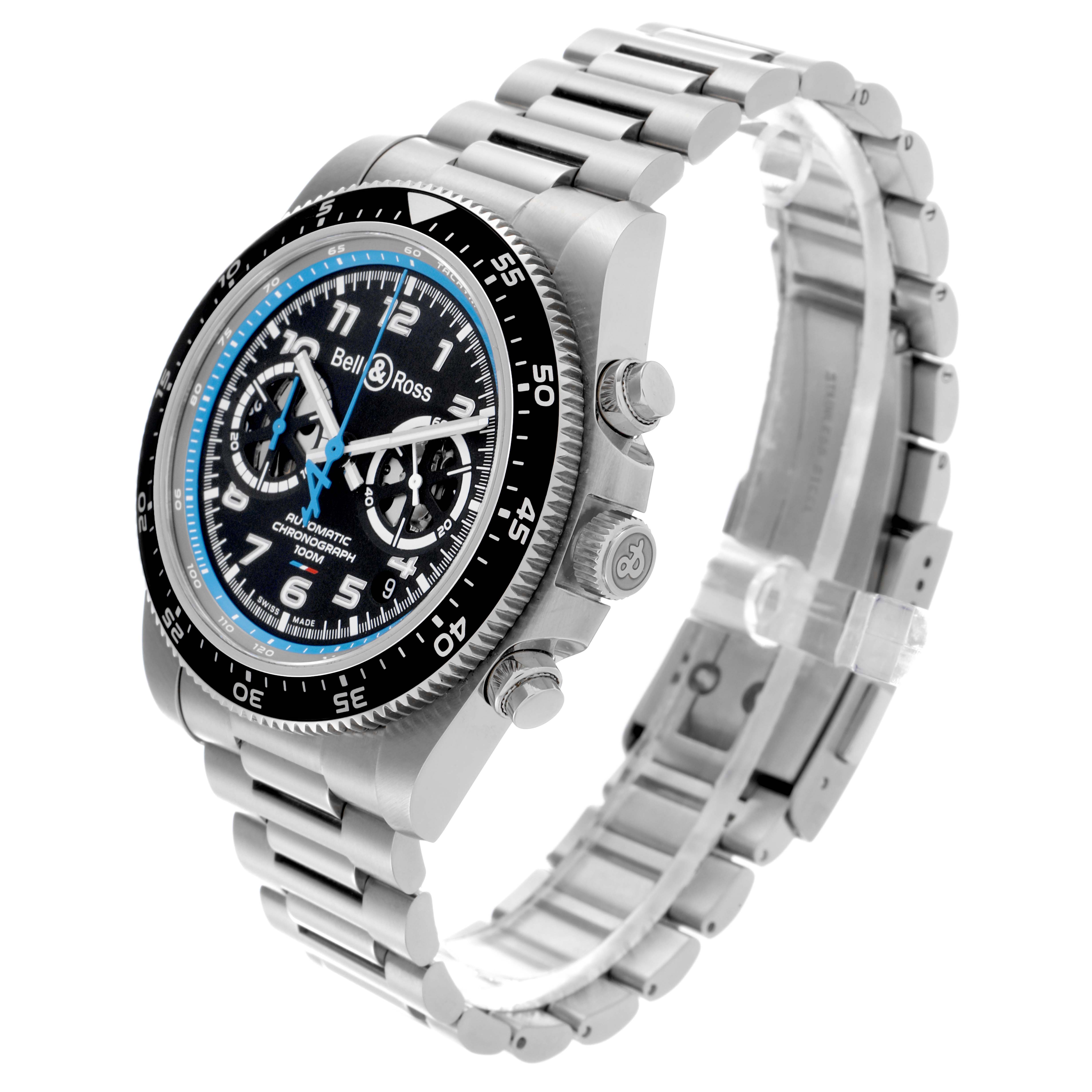 The Bell 
Ross Instruments BRV3-94-A521 Men
s Stainless Steel Black Dial BRV3-94-A521 Men
s Stainless Steel Black Dial watch is shown at an angle highlighting the face, side buttons, and metal bracelet.