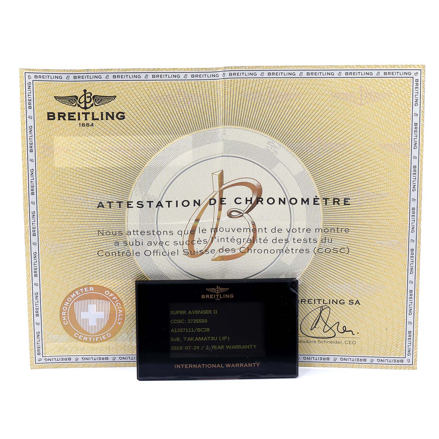 The image shows the chronometer certificate and international warranty card for the Breitling Avenger A13371 Men
s Stainless Steel Black Dial A13371 Men
s Stainless Steel Black Dial model watch.