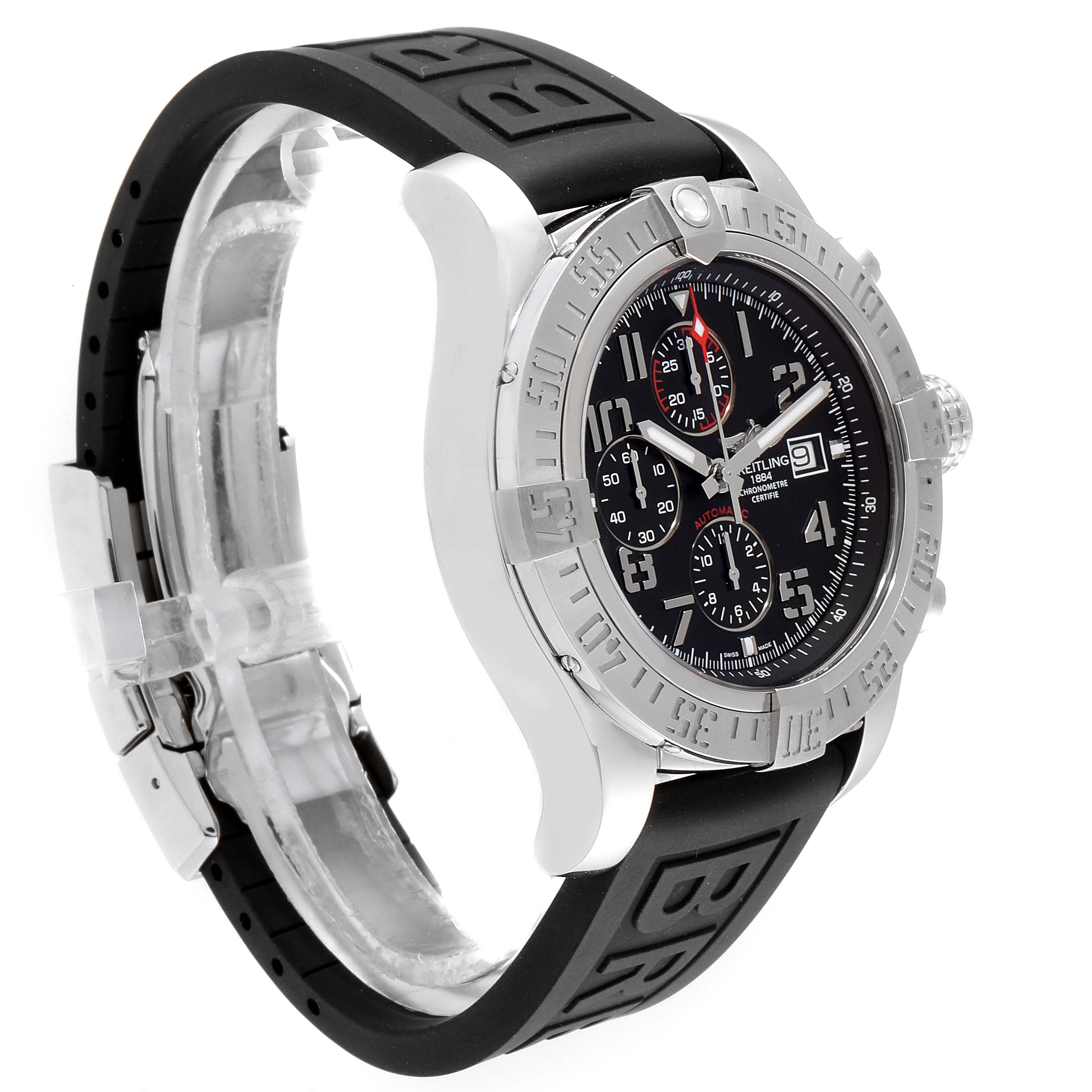 The Breitling Avenger A13371 Men
s Stainless Steel Black Dial A13371 Men
s Stainless Steel Black Dial watch is shown from a front-side angle, featuring its black dial, bezel, and black rubber strap.