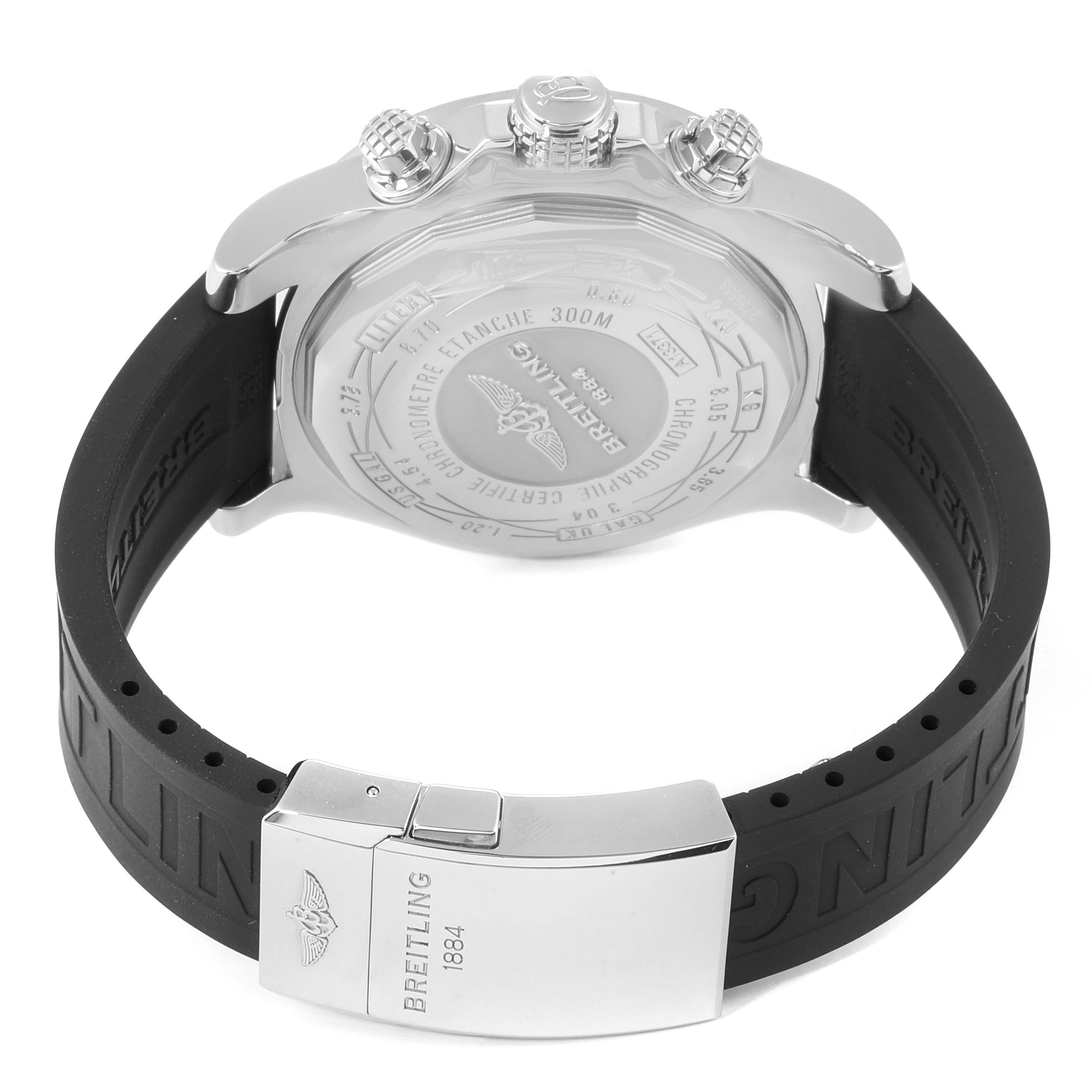 The image shows the back side of a Breitling Avenger A13371 Men
s Stainless Steel Black Dial A13371 Men
s Stainless Steel Black Dial watch, highlighting its caseback, crown, pushers, and rubber strap with clasp.
